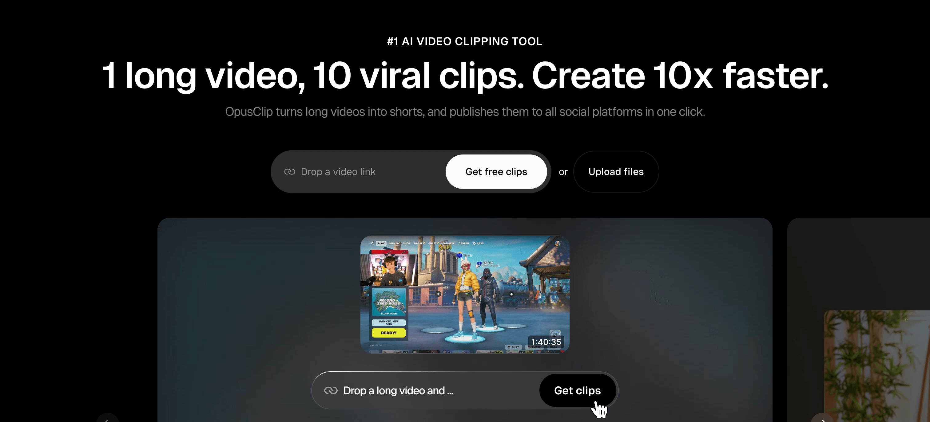 Screenshot of OpusClip dashboard showing AI clip generation interface