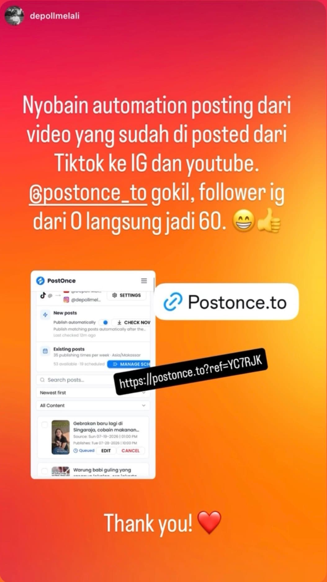 Depoll's Instagram Story showing PostOnce automation and follower growth