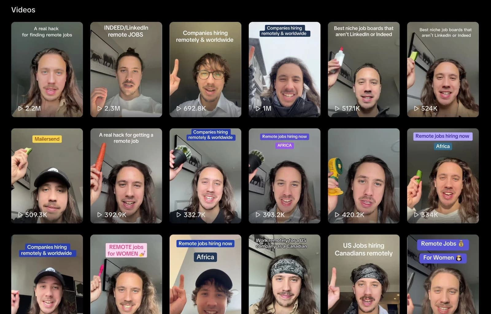 Roman's TikTok videos for CareerHound, with views from 334K to 2.3M