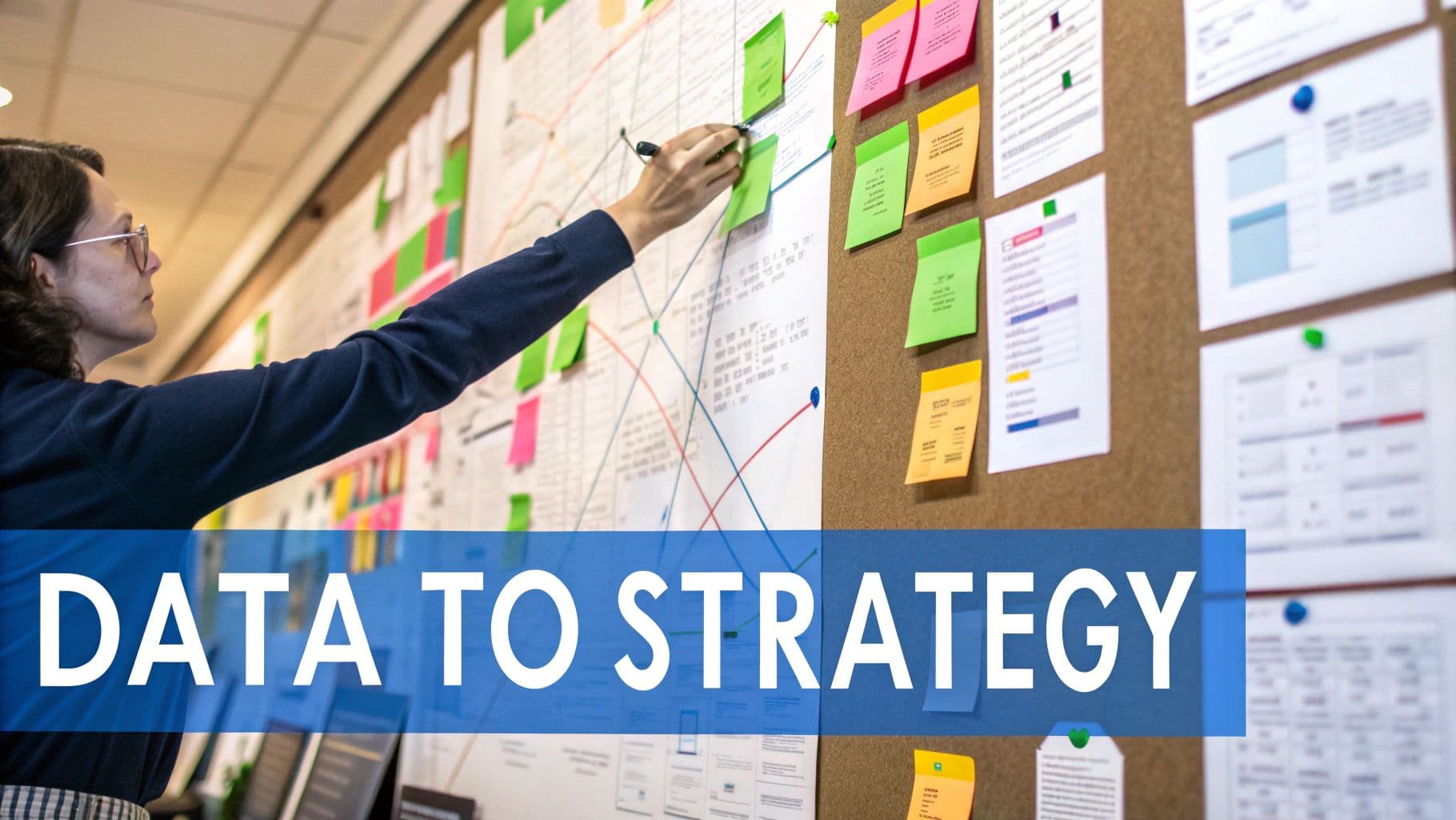 A person pointing at charts on a tablet, with social media icons and engagement metrics overlaid, symbolizing data-driven strategy.