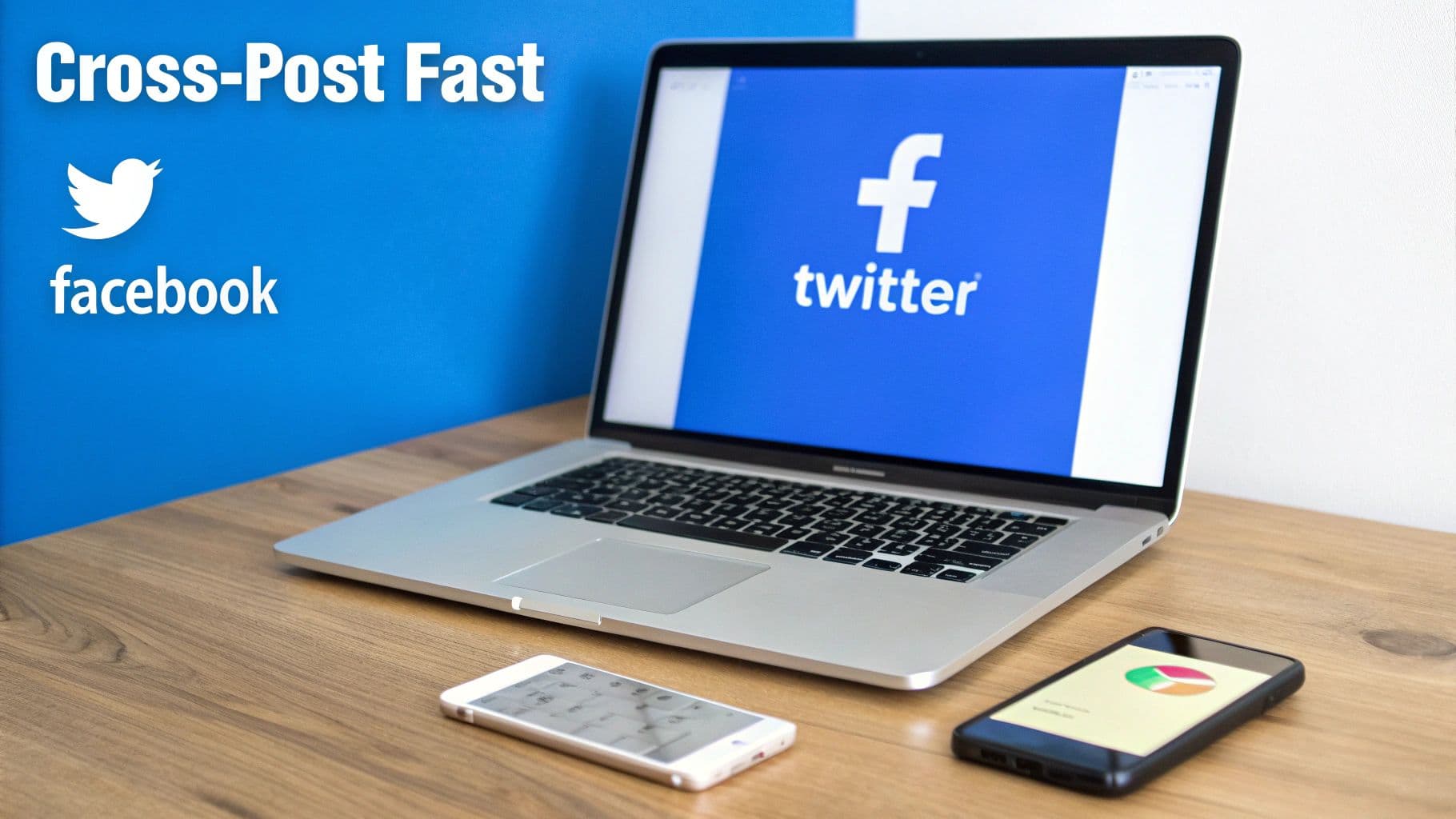 Laptop displaying Facebook and Twitter logos with smartphones on desk for cross-posting social media