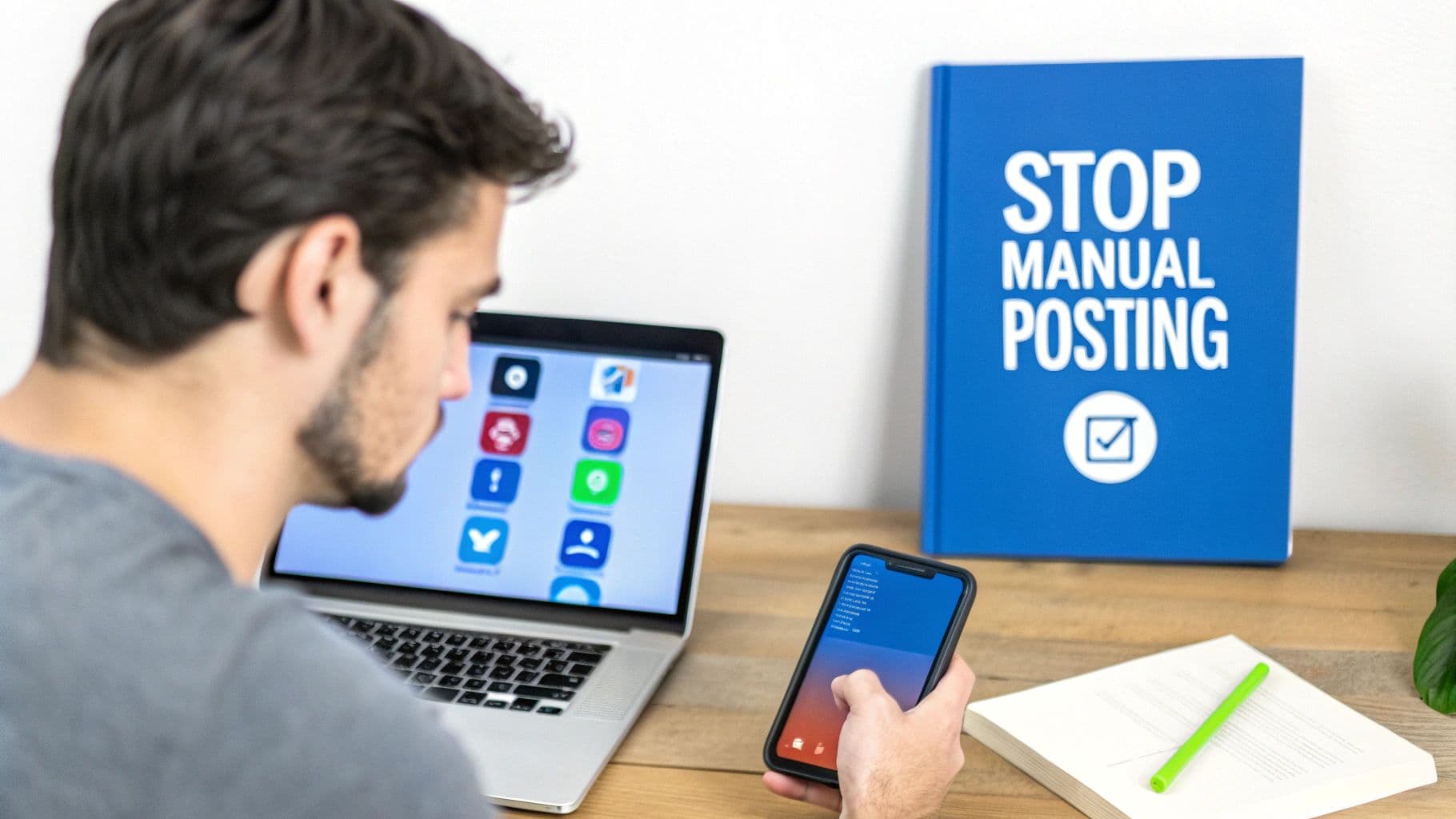 A man uses a laptop and smartphone for social media management, with a 'STOP MANUAL POSTING' book nearby.