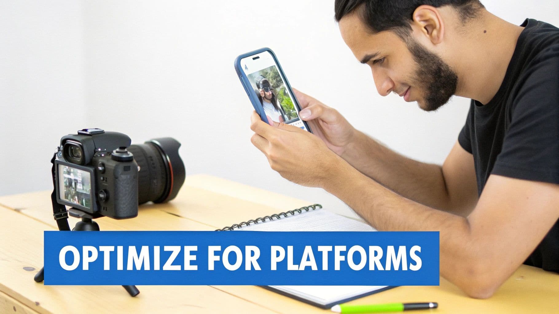 Content creator reviewing smartphone video while optimizing social media content for multiple platforms