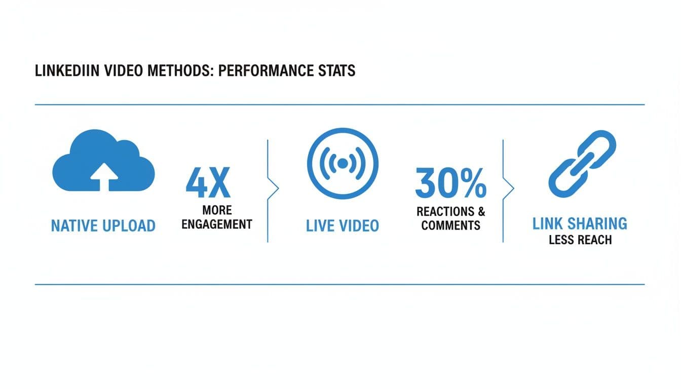 LinkedIn video methods performance statistics: native upload, live video, and link sharing engagement.