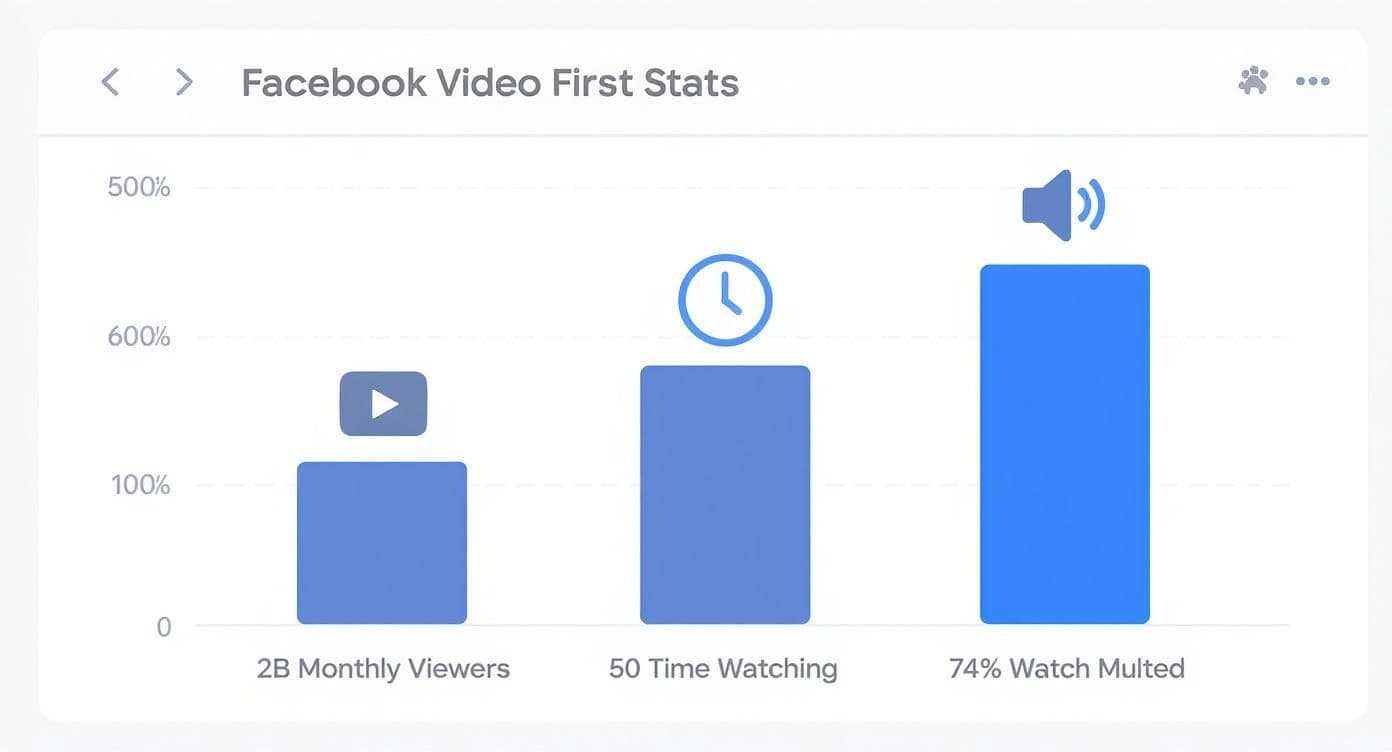 Facebook video statistics showing 2 billion monthly viewers, 50 second watch time, and 74% muted viewing