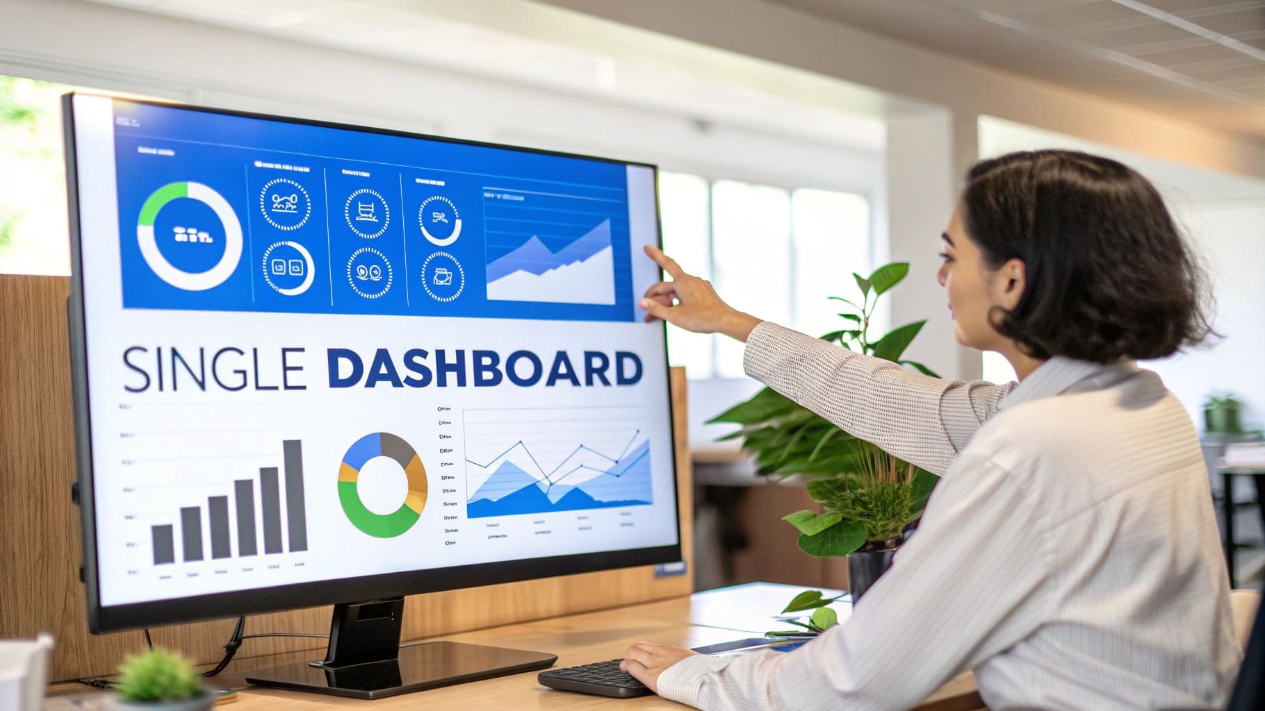 A woman points at a large monitor displaying a data visualization dashboard with various charts and graphs.