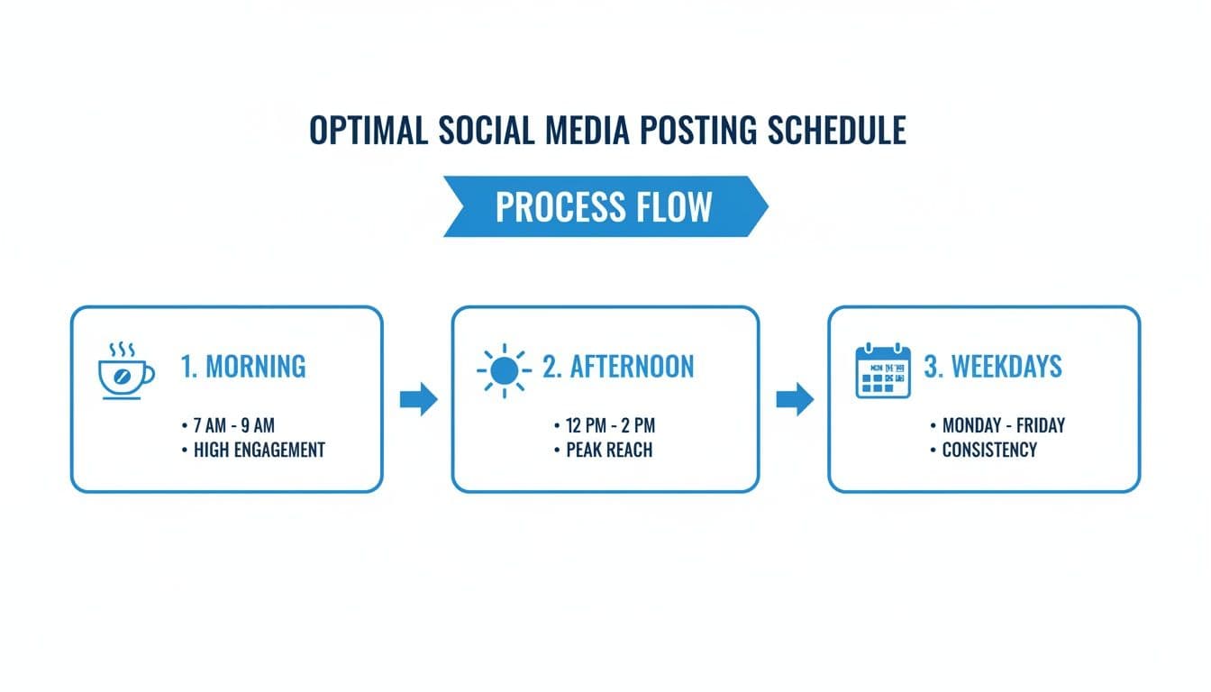 Optimal social media posting schedule process flow detailing morning, afternoon, and weekday best practices.