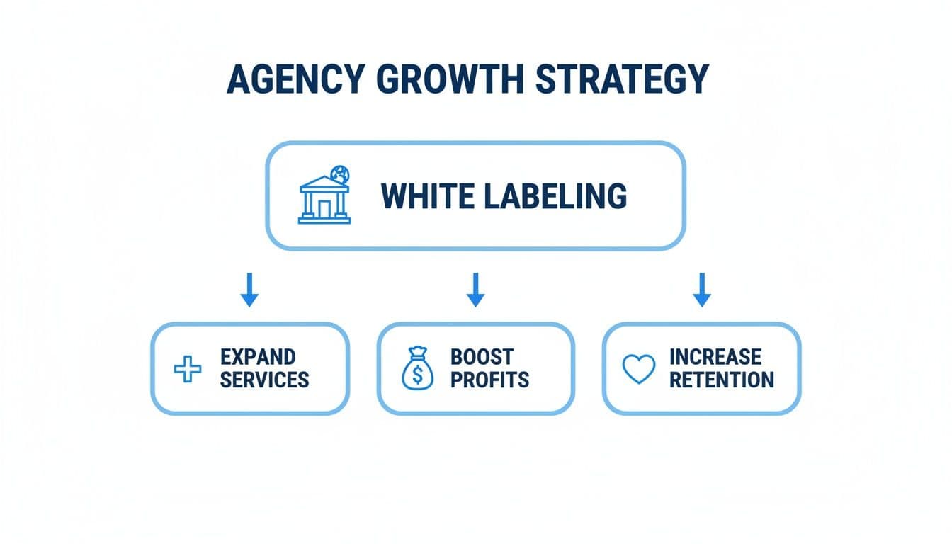 Flowchart showing white labeling as an agency growth strategy to expand services, boost profits, and increase retention.