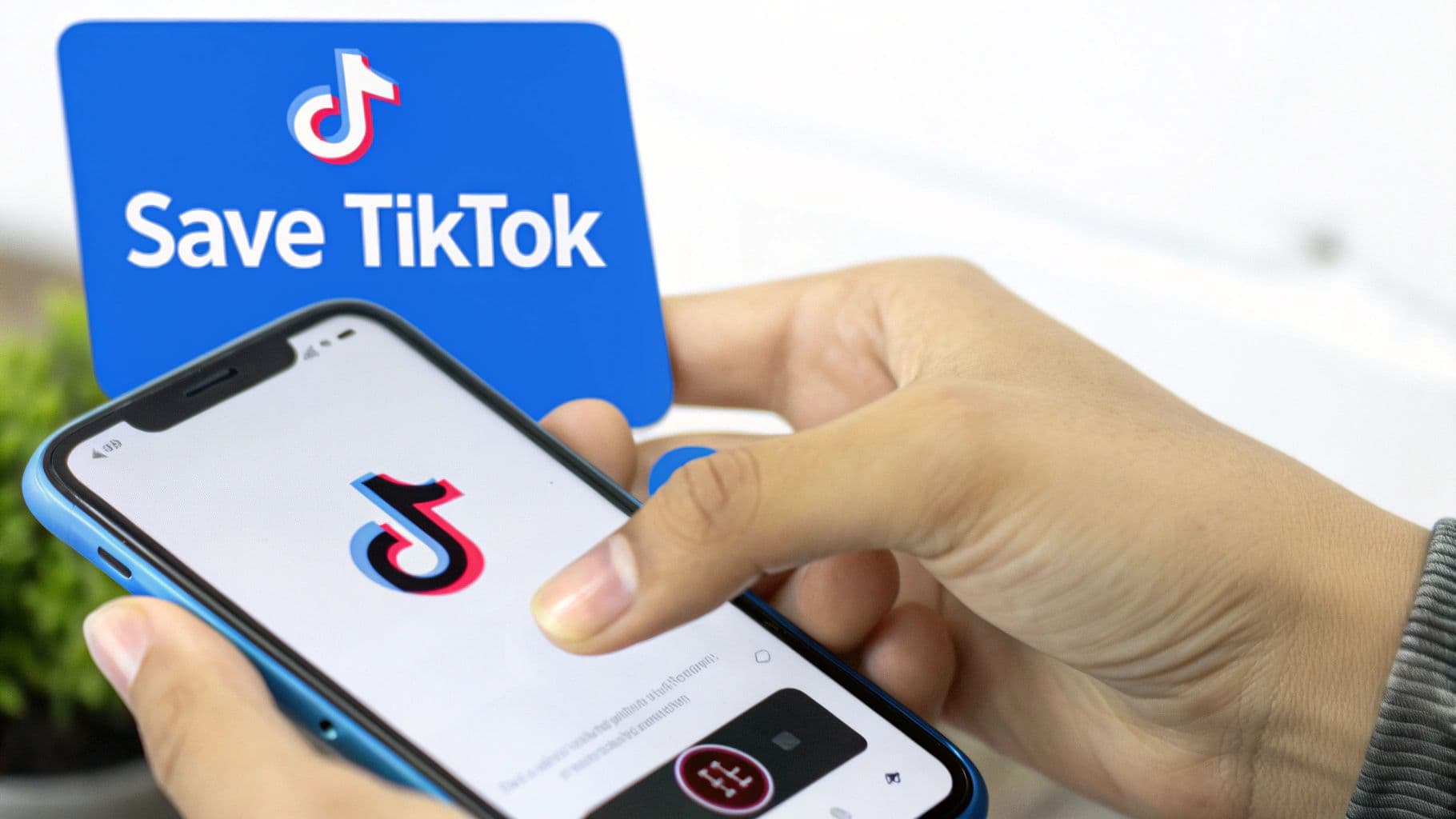 A person holding a smartphone, with the screen showing a video being downloaded.