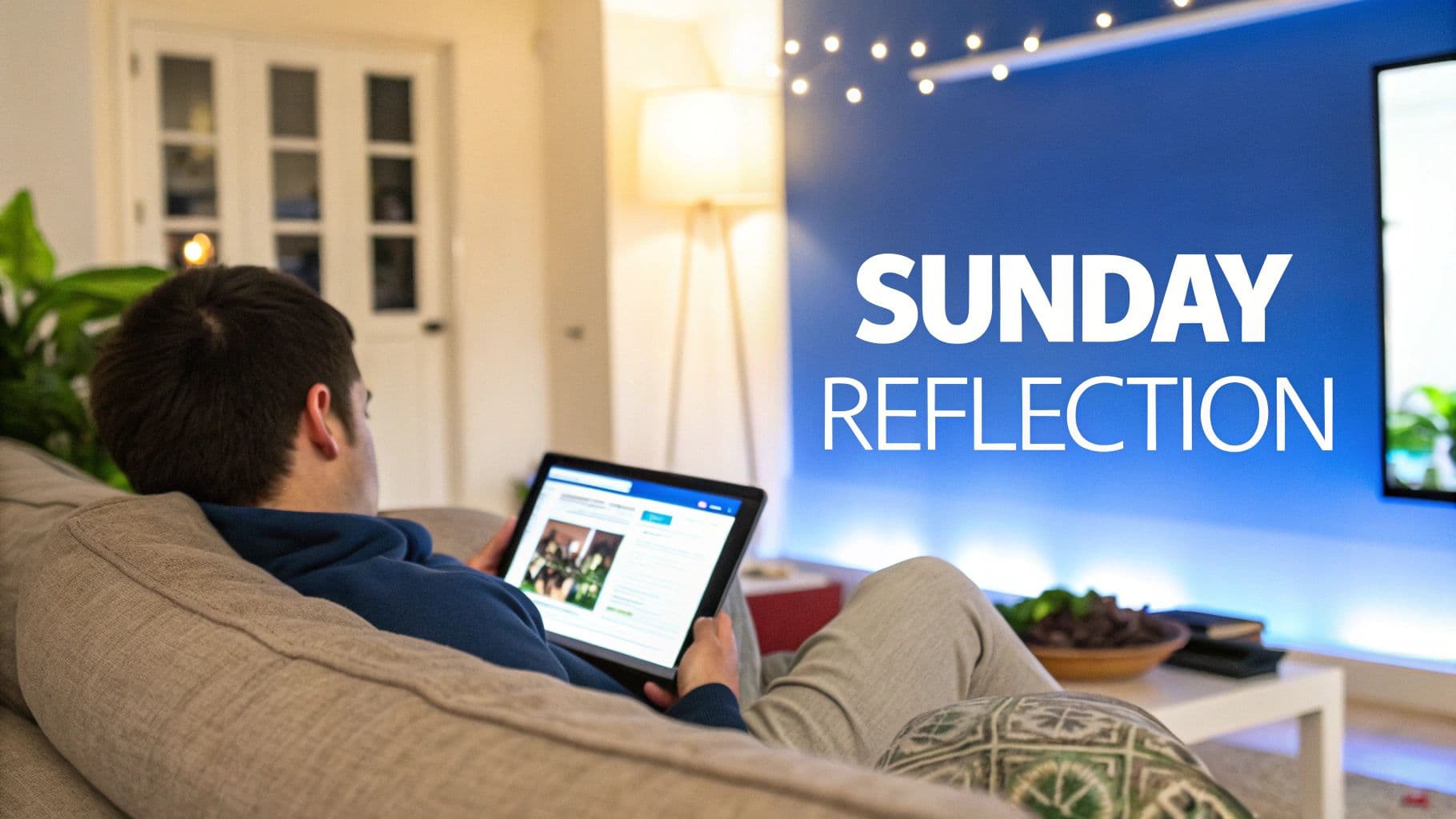A man in a blue hoodie relaxes on a couch, using a tablet, with 'SUNDAY REFLECTION' on a TV screen.