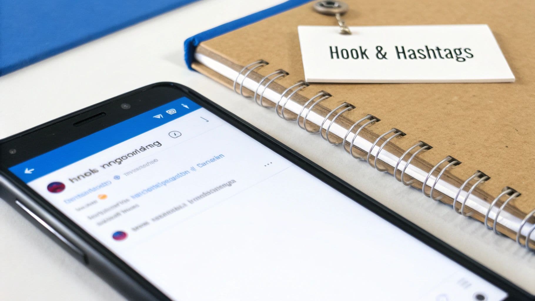 Smartphone with social media app next to a notebook labeled 'Hook & Hashtags'.