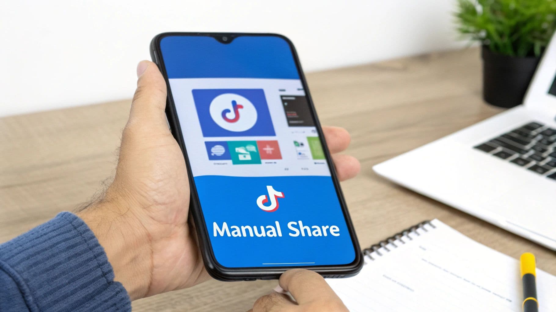 Hand holding smartphone displaying TikTok Manual Share feature on screen in office workspace
