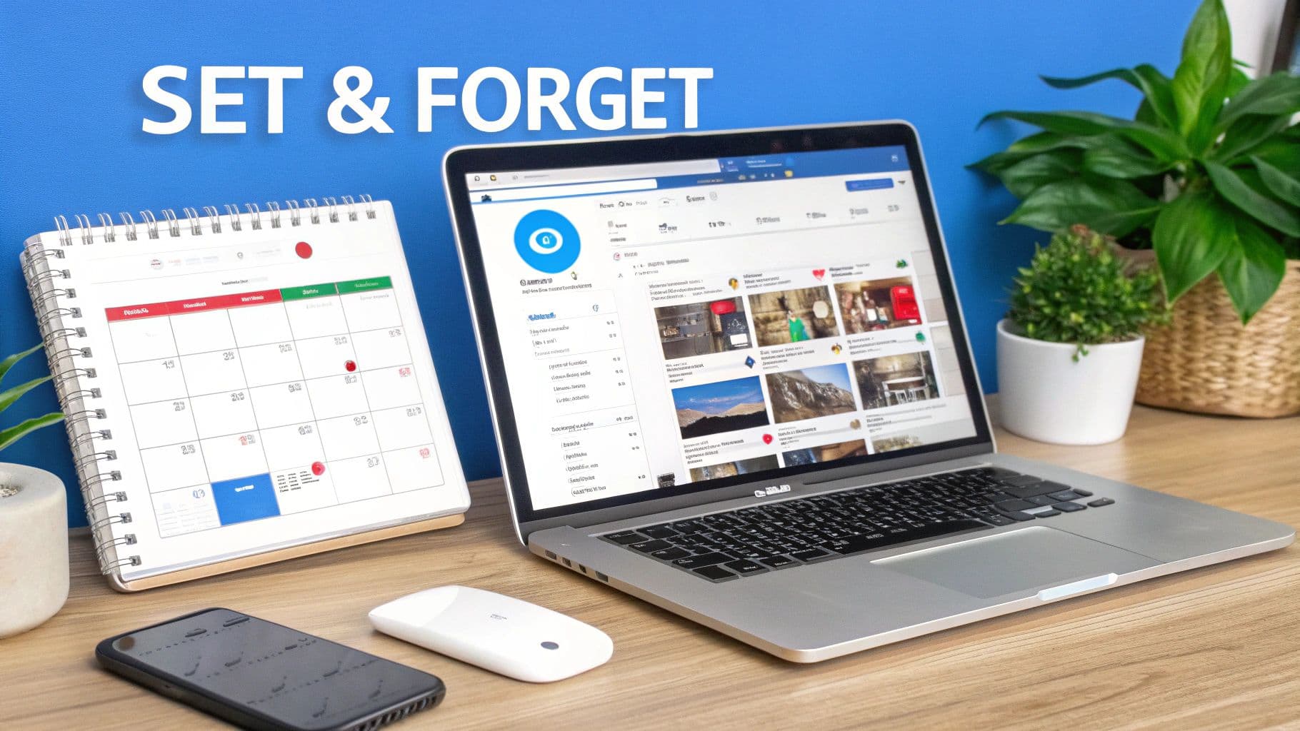 A desk setup featuring a laptop displaying social media, a calendar, and office accessories.