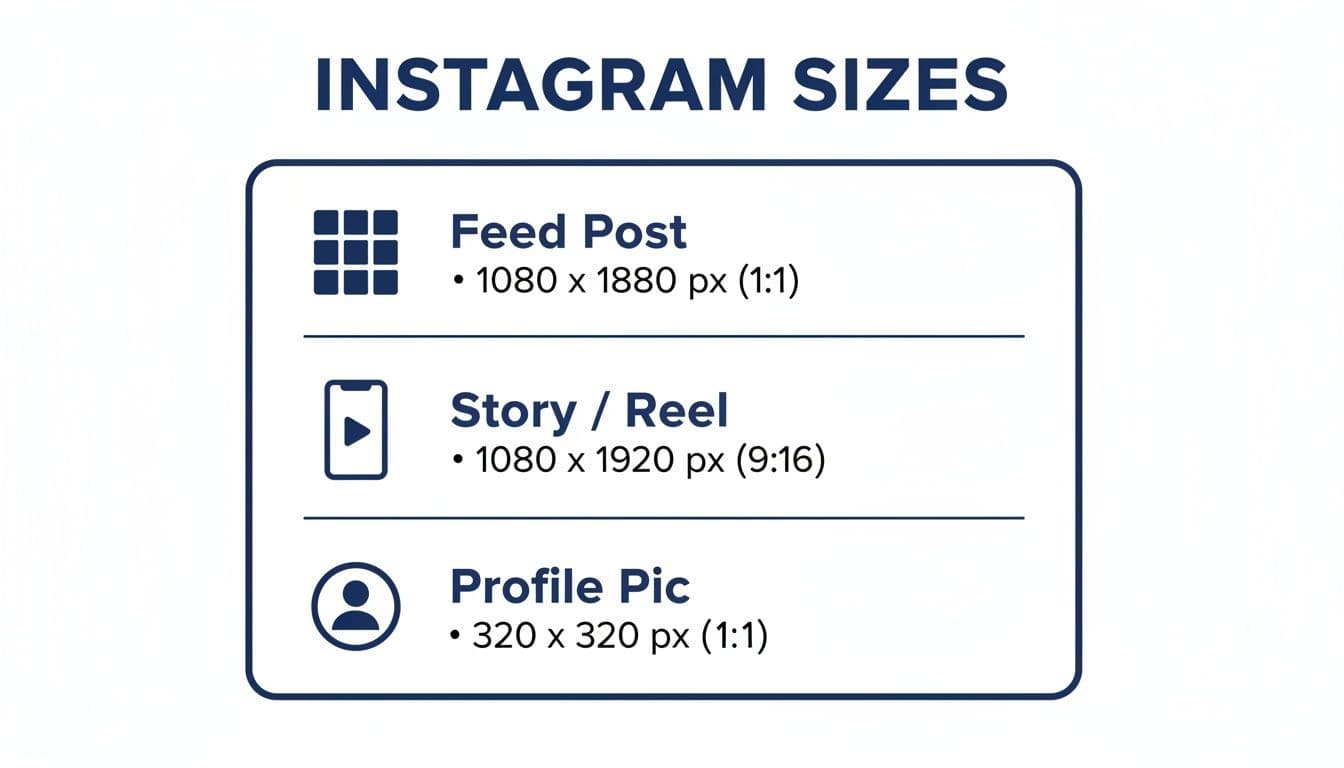 A graphic displaying Instagram image sizes for feed posts, stories, reels, and profile pictures, including their dimensions.