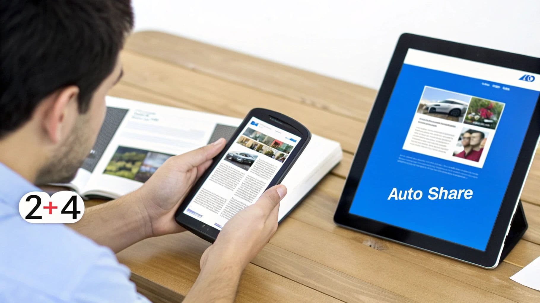A person views a smartphone and a tablet showing 'Auto Share' on a wooden desk.