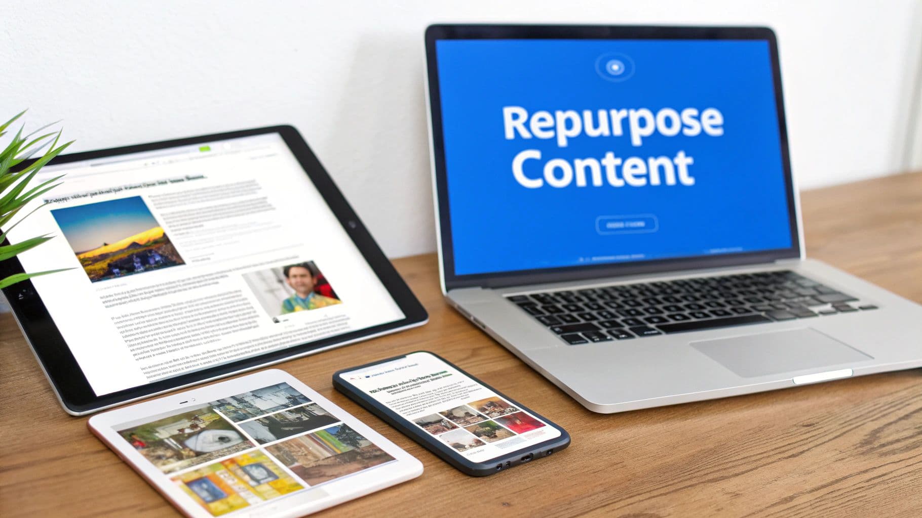 Laptop, tablets, and smartphone on a wooden desk, displaying digital content and 'Repurpose Content'.