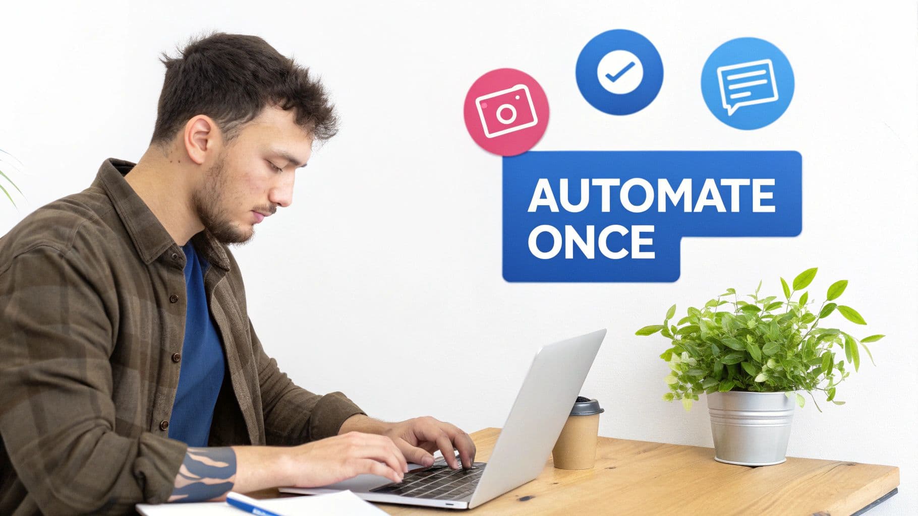 A man works on a laptop, with 'AUTOMATE ONCE' and icons representing tasks on the wall.