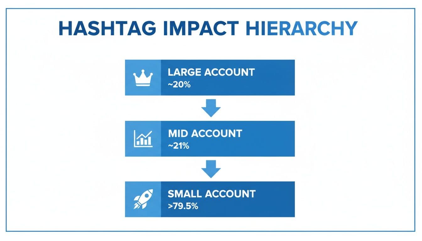 Infographic showing hashtag impact hierarchy: Large, Mid, and Small accounts with their percentages.