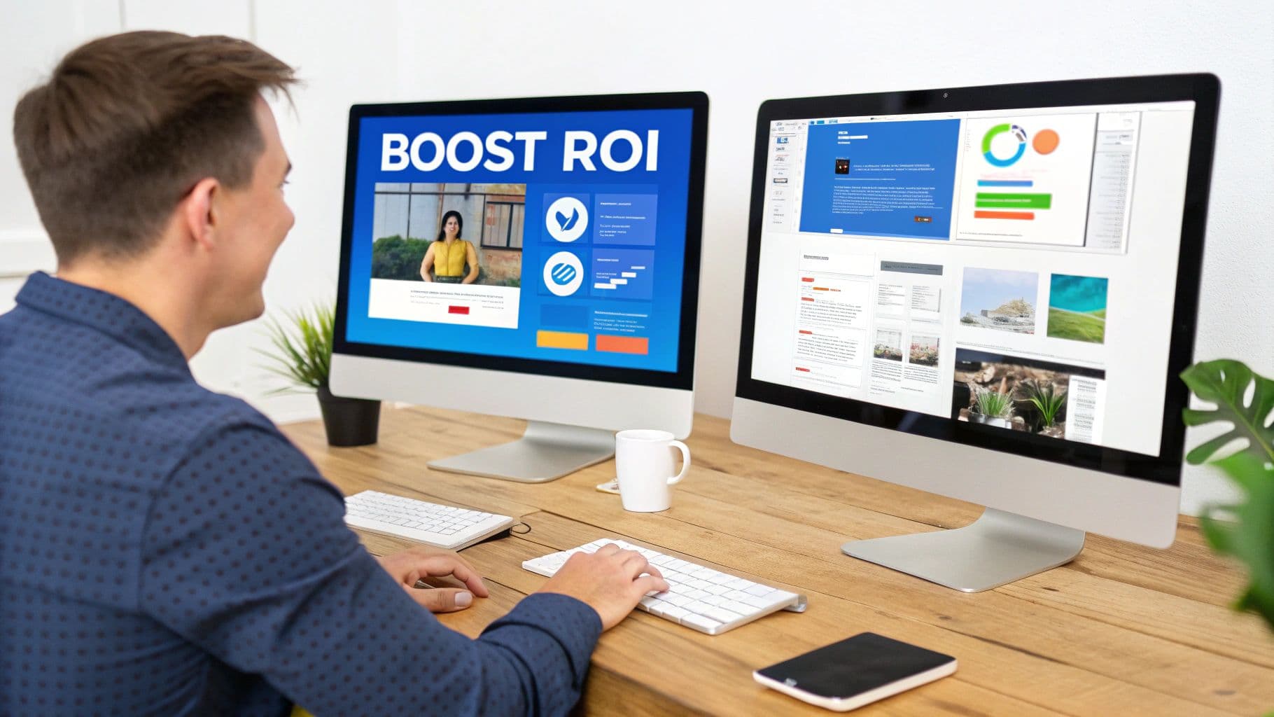 A person using a laptop with various marketing charts and graphs displayed on the screen, indicating performance improvement.