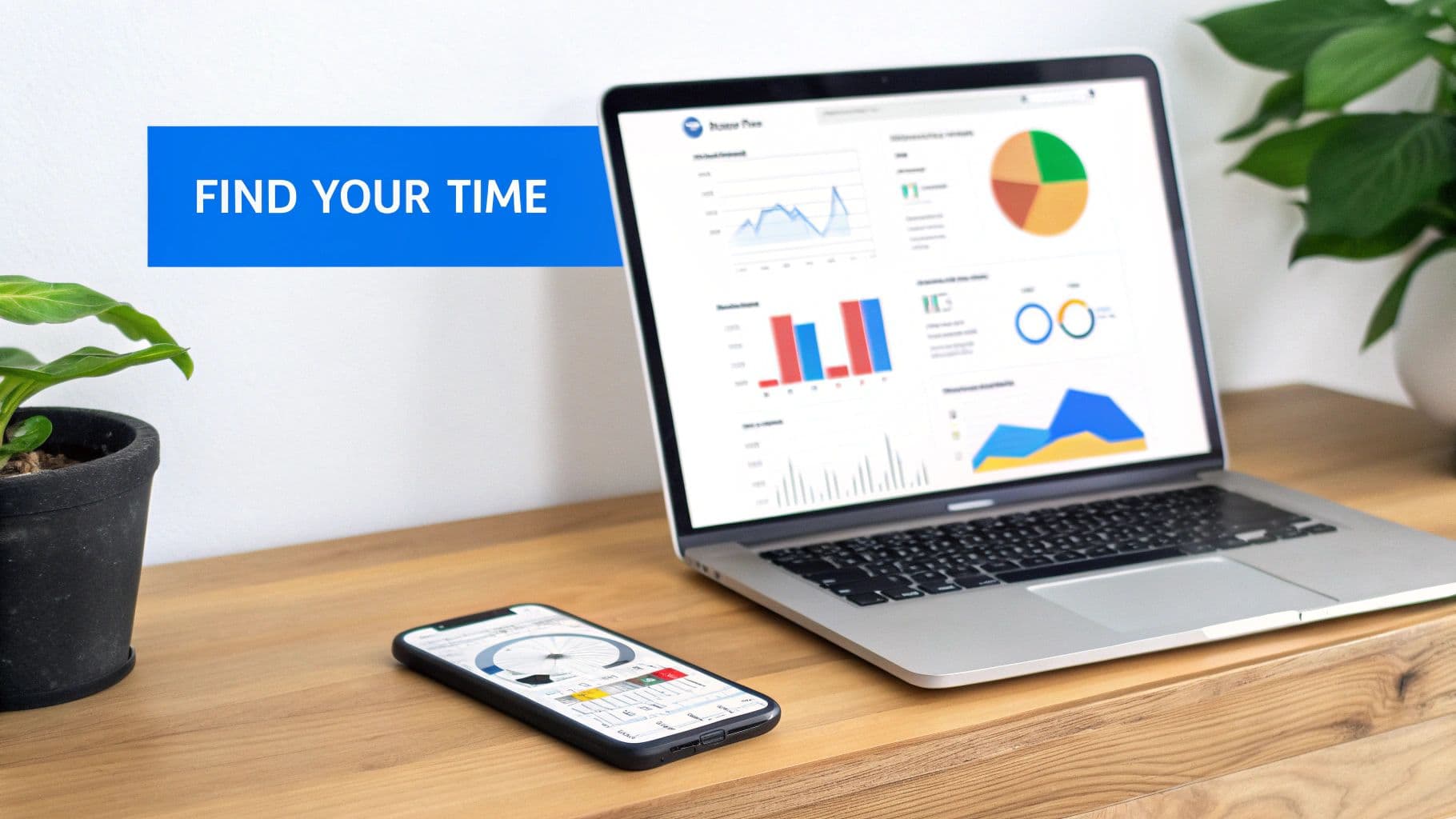 A laptop and smartphone displaying charts and graphs on a wooden desk, next to a houseplant, with a blue banner reading 'FIND YOUR TIME'.