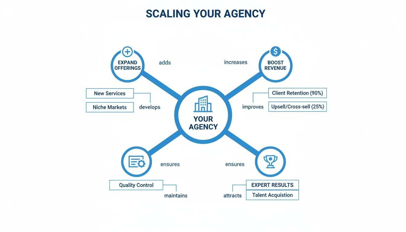 Diagram illustrating strategies for scaling an agency, focusing on expanding offerings, boosting revenue, and ensuring quality and expert results.