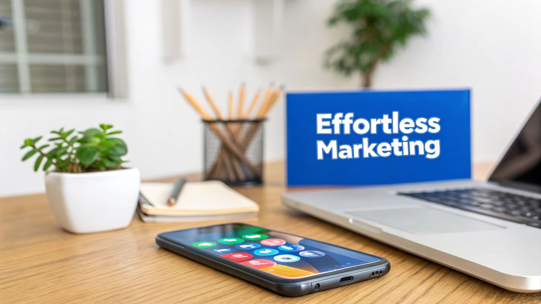 A workspace featuring a laptop, smartphone with apps, plant, and a screen displaying 'Effortless Marketing'.