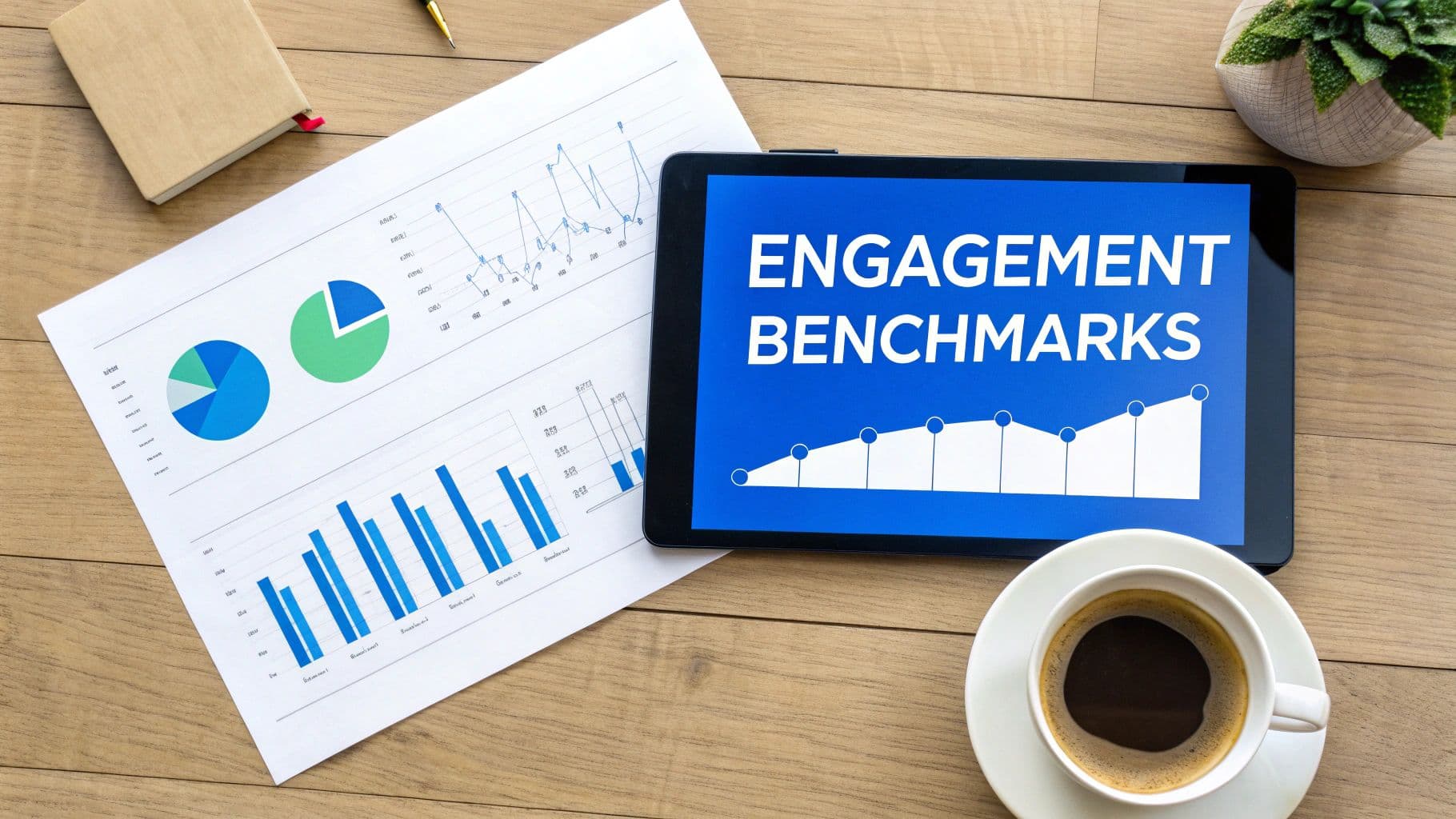 A flat lay of a desk with a tablet displaying engagement benchmarks and a paper report with various data charts.
