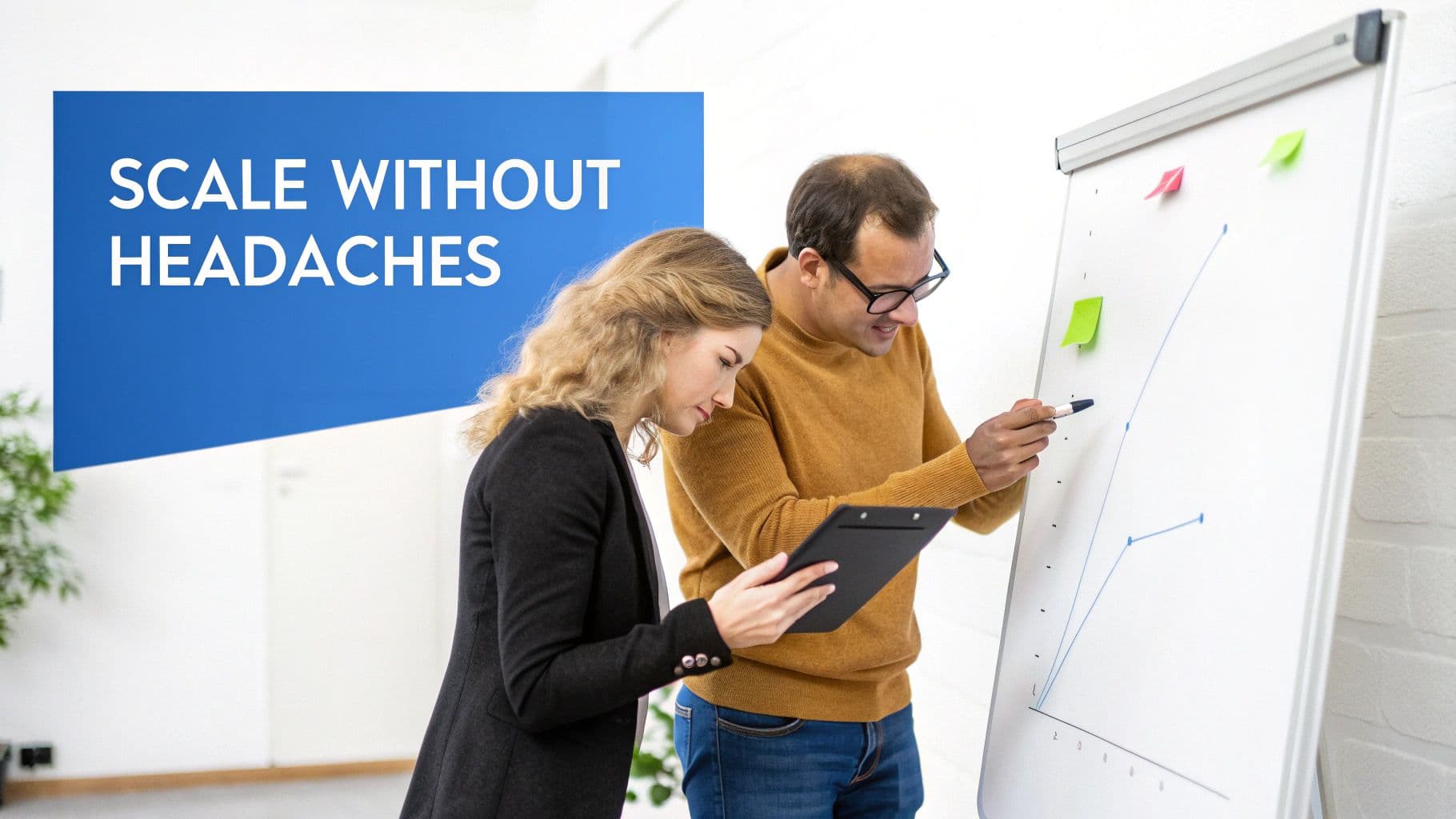 Two business professionals analyze a growth graph on a whiteboard, strategizing for scaling without headaches.