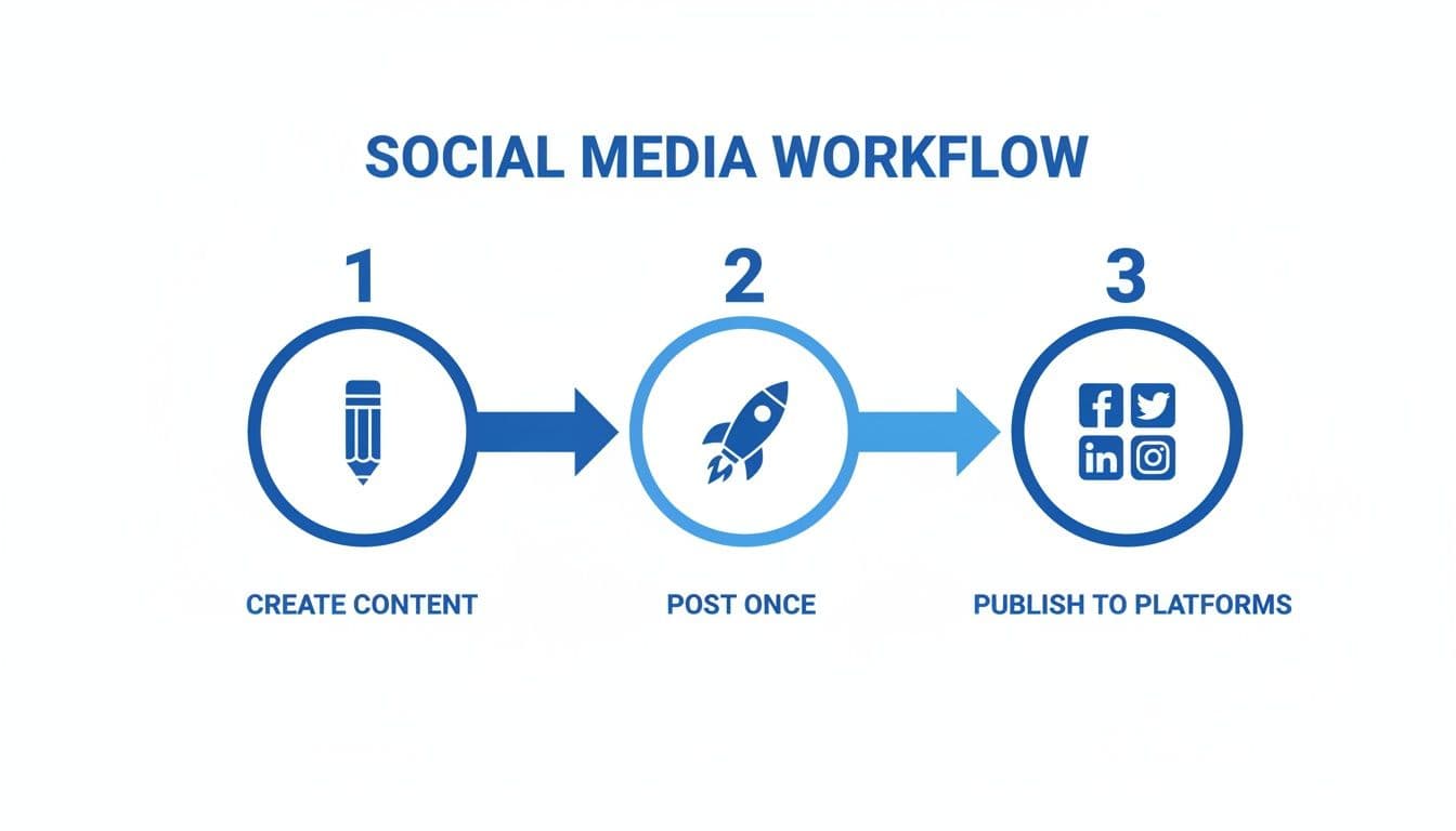 Social media workflow showing content creation, posting once, and publishing to multiple platforms.