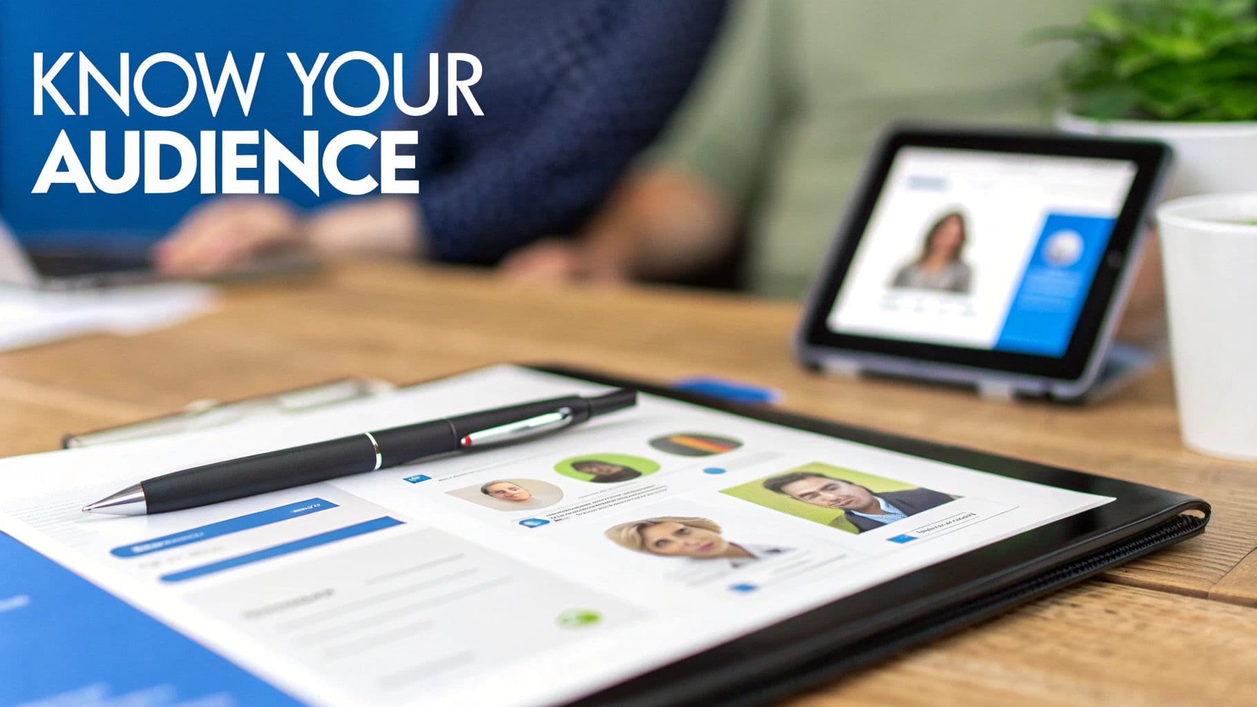 Papers on a desk showing audience profiles, a pen, and a tablet, with 'KNOW YOUR AUDIENCE' text.