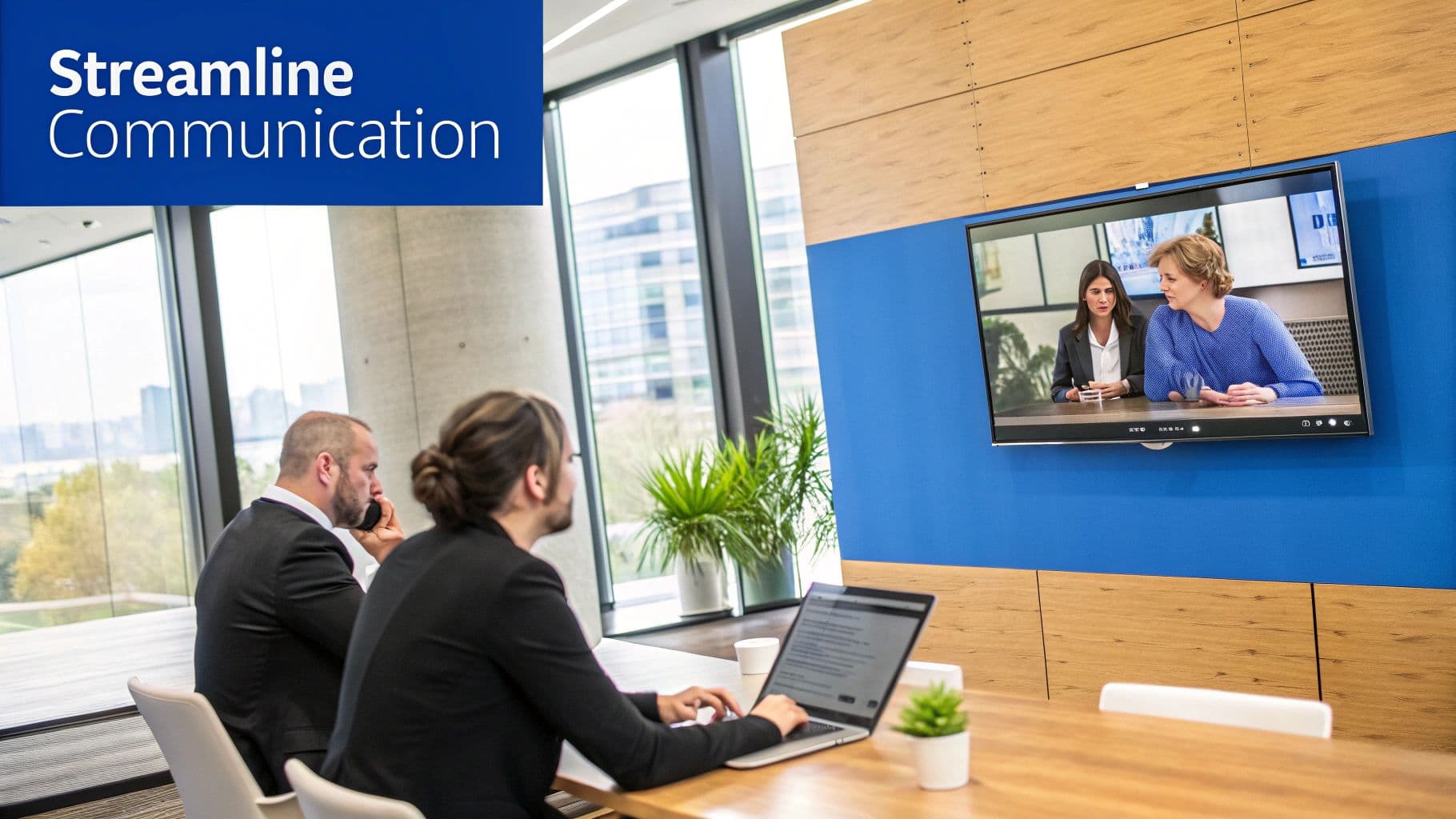 A team collaborates in a modern office, planning the rollout of a new streamlined process on a glass board.