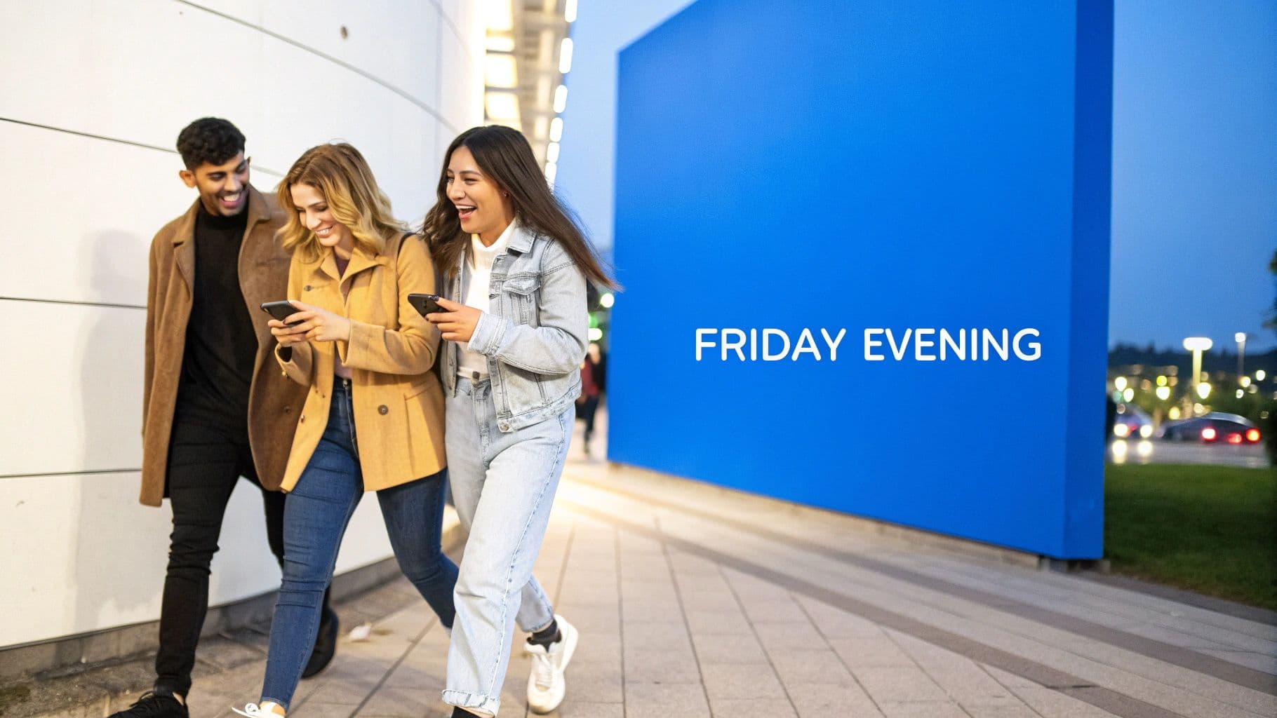 Three young friends smile while walking and using their phones on a Friday evening.