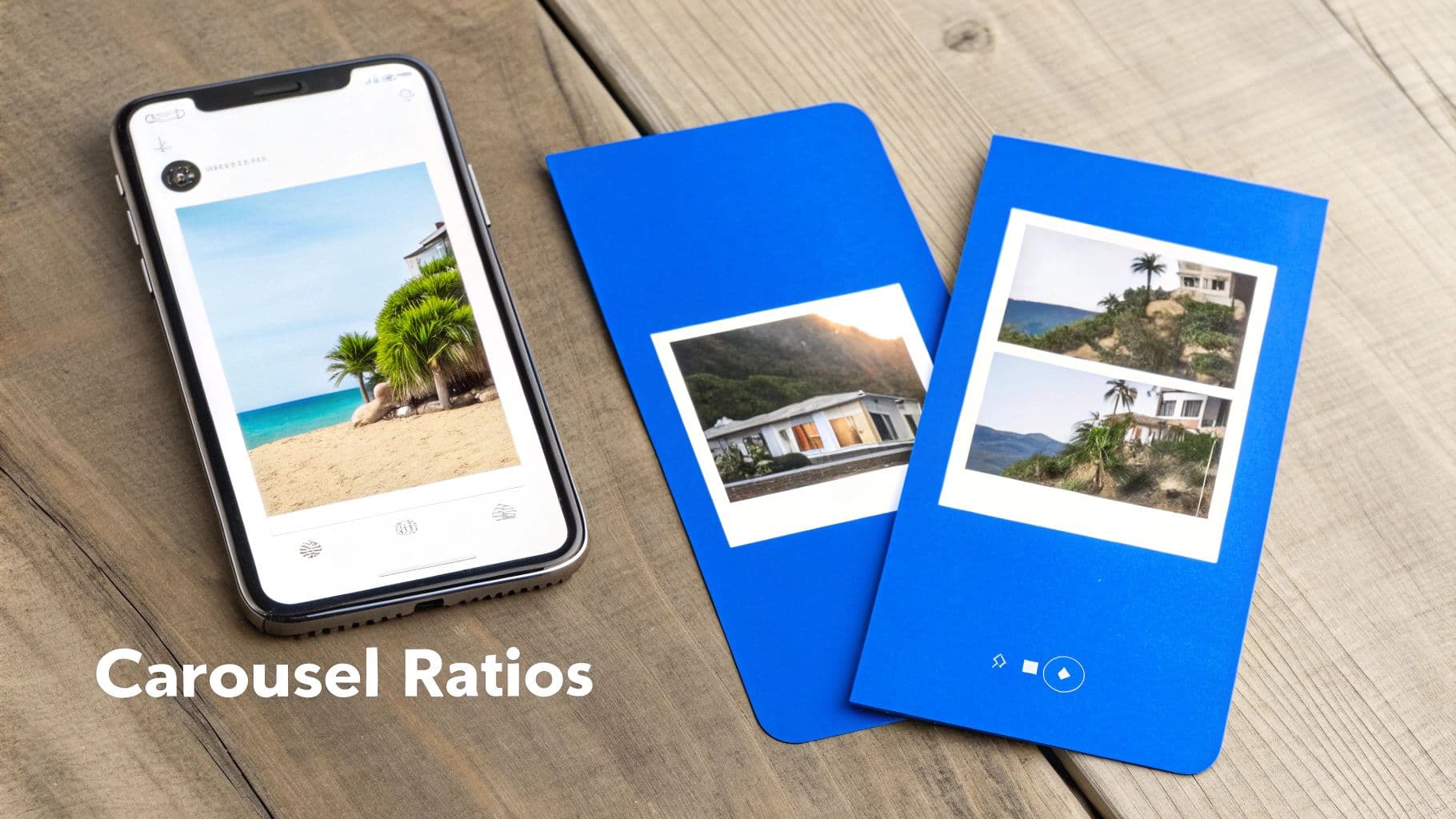 A smartphone showing an Instagram beach photo next to blue cards with polaroid-style prints on a wooden table.