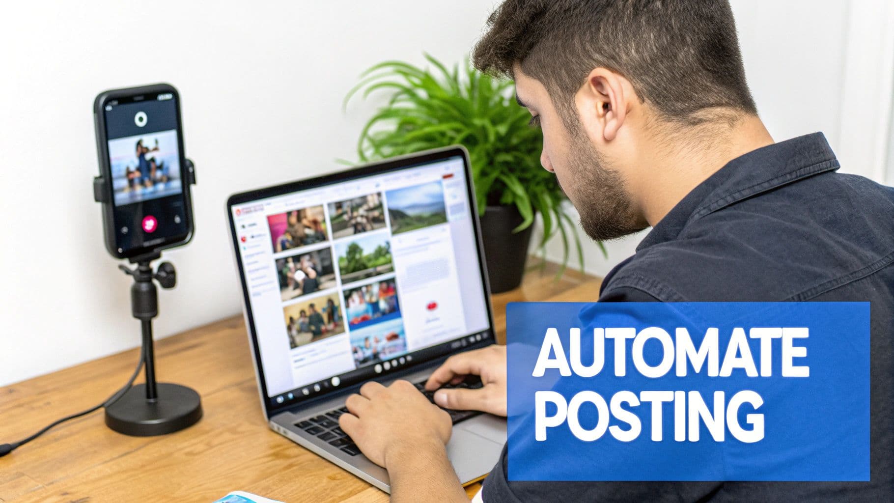 A person using a laptop and a smartphone on a stand, possibly managing social media content.