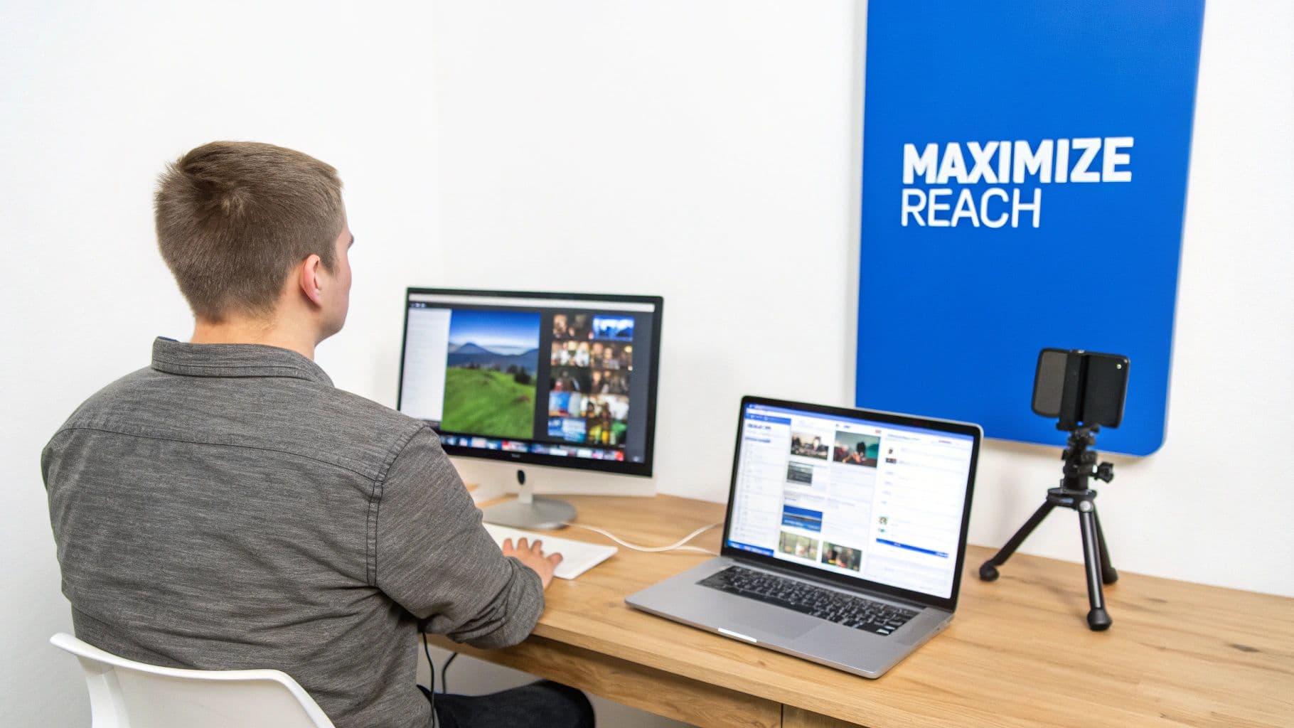A person working at a desk with an external monitor, laptop, and phone on a tripod.