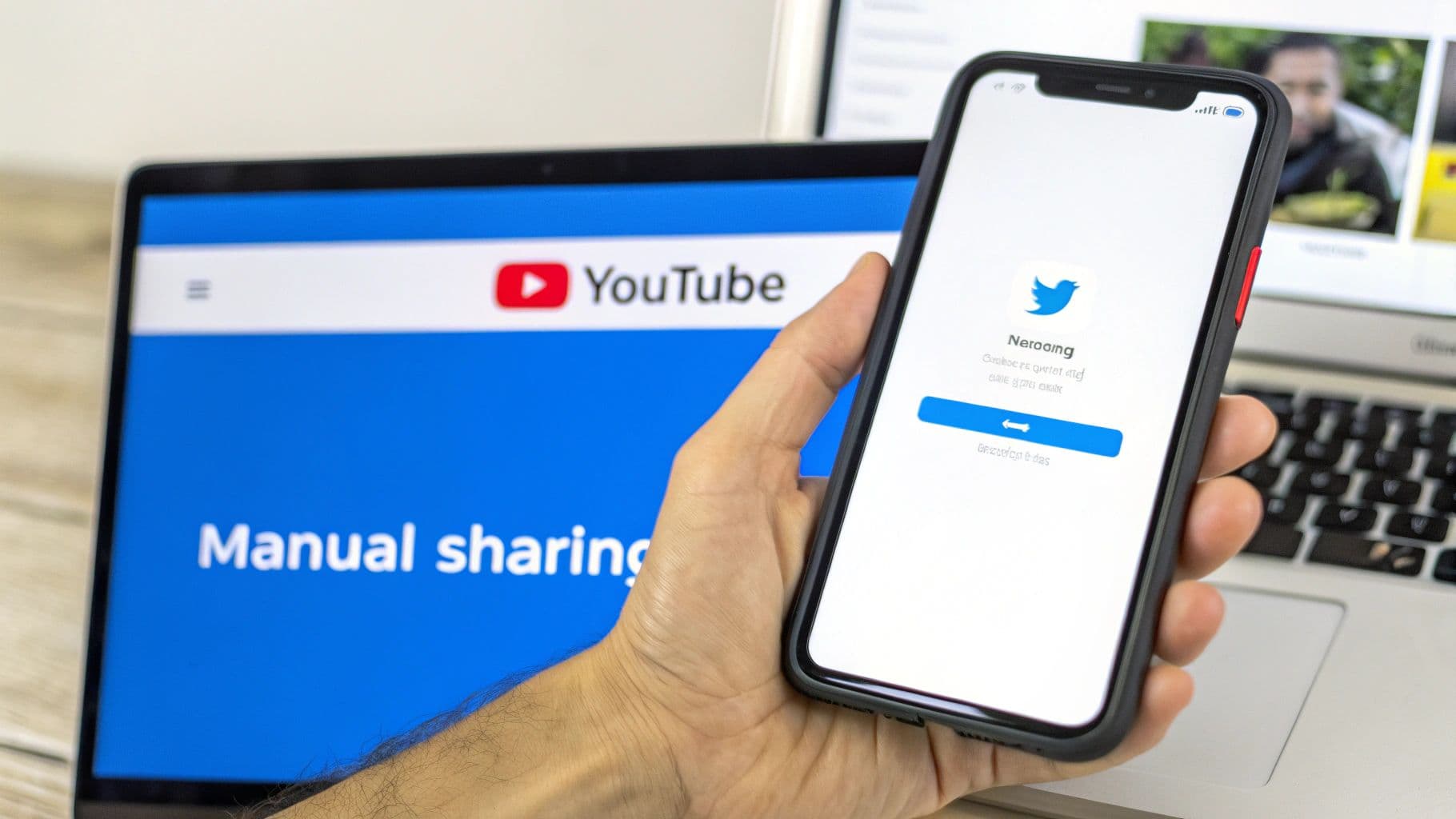 A hand holds a smartphone displaying the Twitter app, with a laptop showing YouTube in the background.