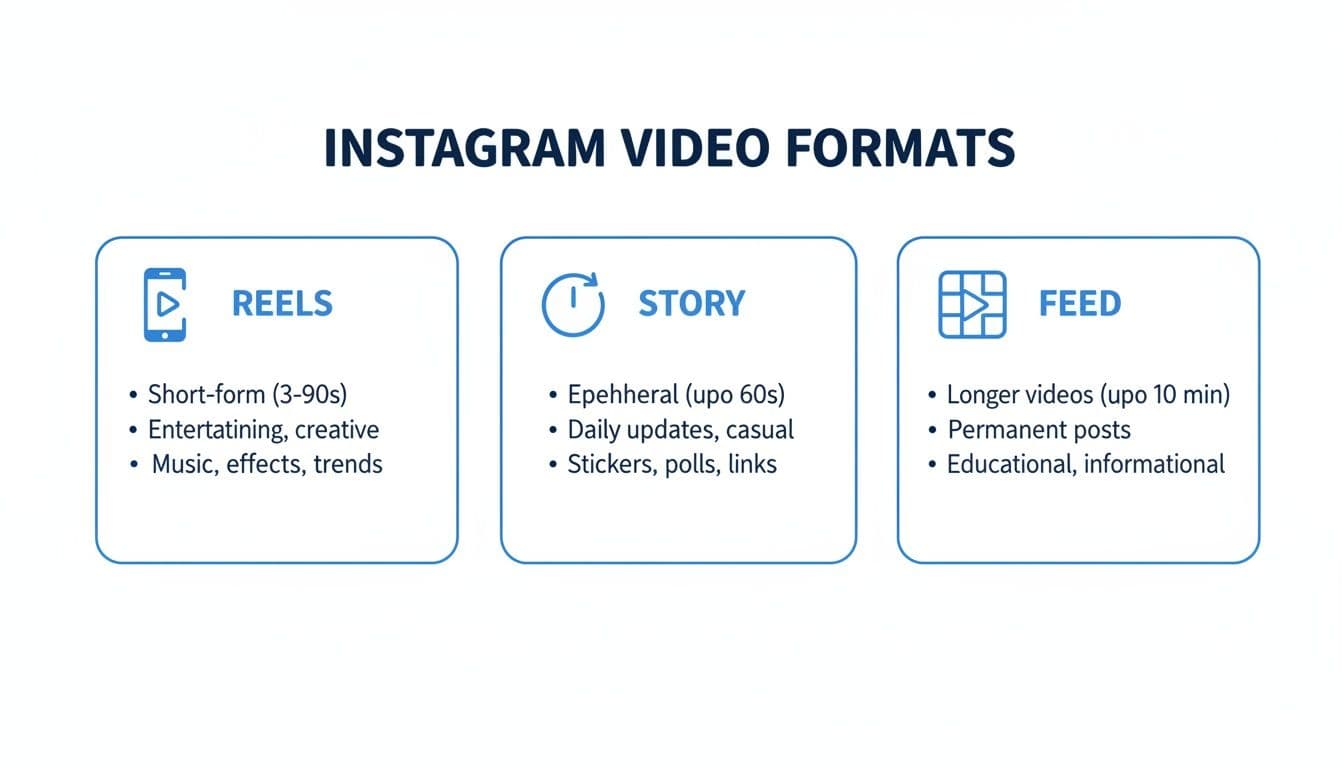 A diagram illustrating the three main Instagram video formats: Reels, Story, and Feed, with their key features.