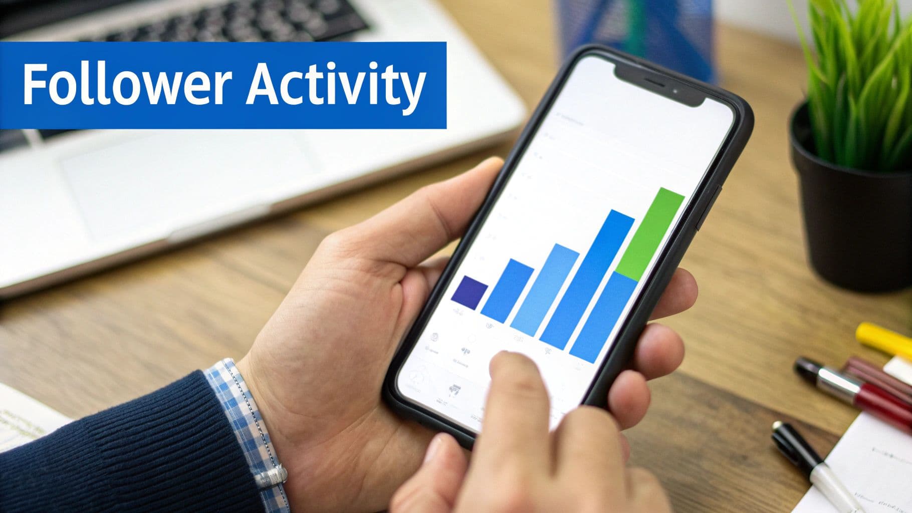 Person holding a smartphone displaying a bar chart for 'Follower Activity' analytics on a desk.