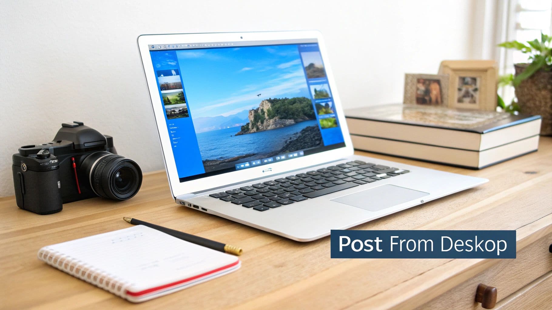 A professional workspace featuring a silver laptop editing photos, a black camera, notebook, and pen on a wooden desk.