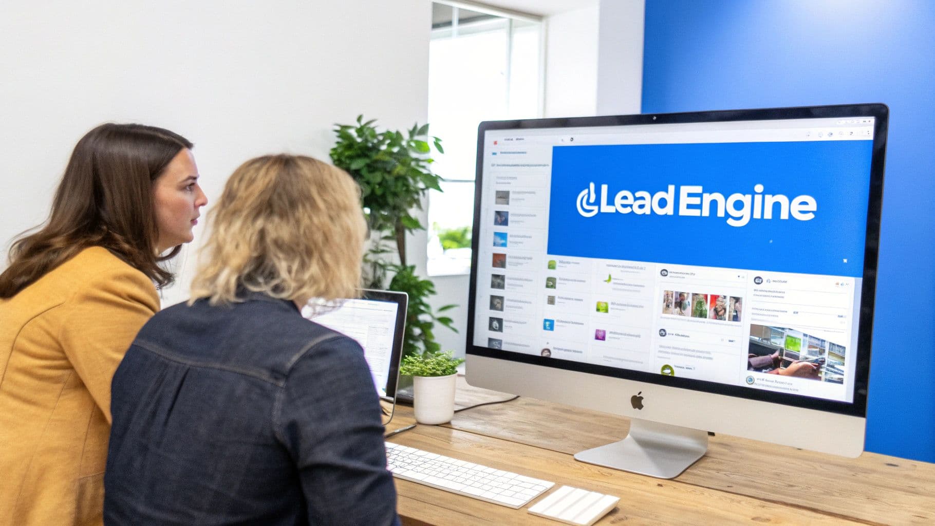 Two women collaborate at an office desk, viewing 'Lead Engine' content on a computer screen.