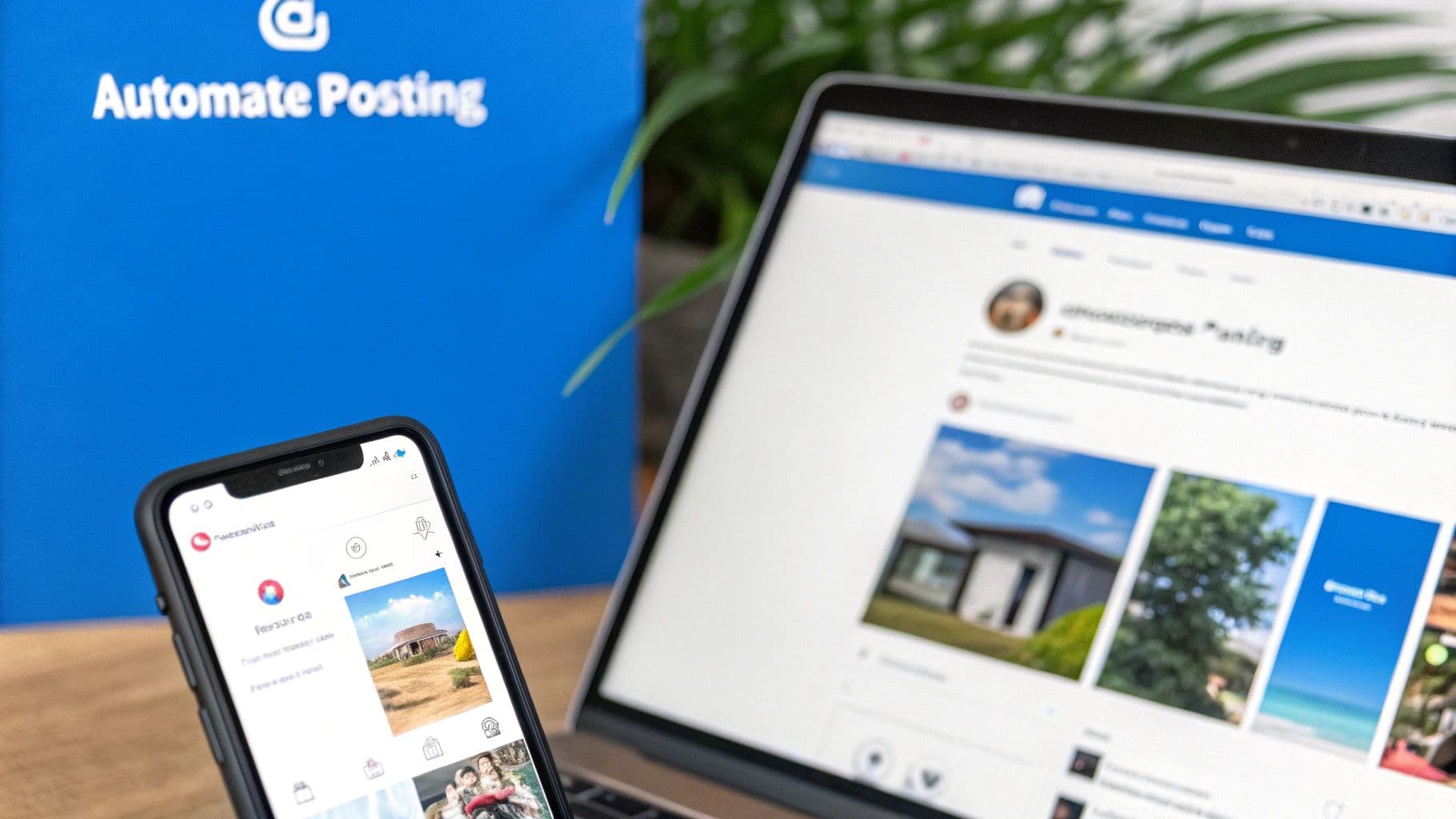 A smartphone and laptop display social media feeds, with a blue 'Automate Posting' box in the background.
