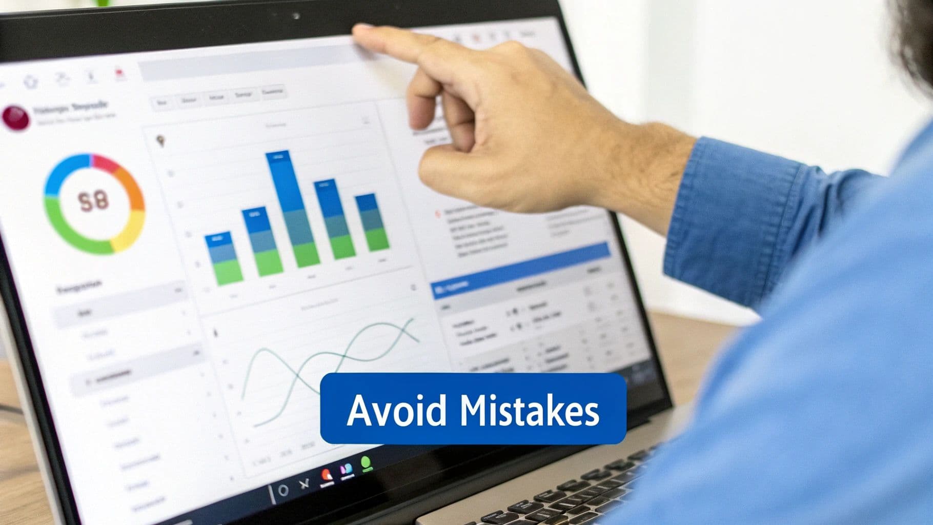 A person's hand points to a laptop screen displaying business data charts and the text 'Avoid Mistakes'.