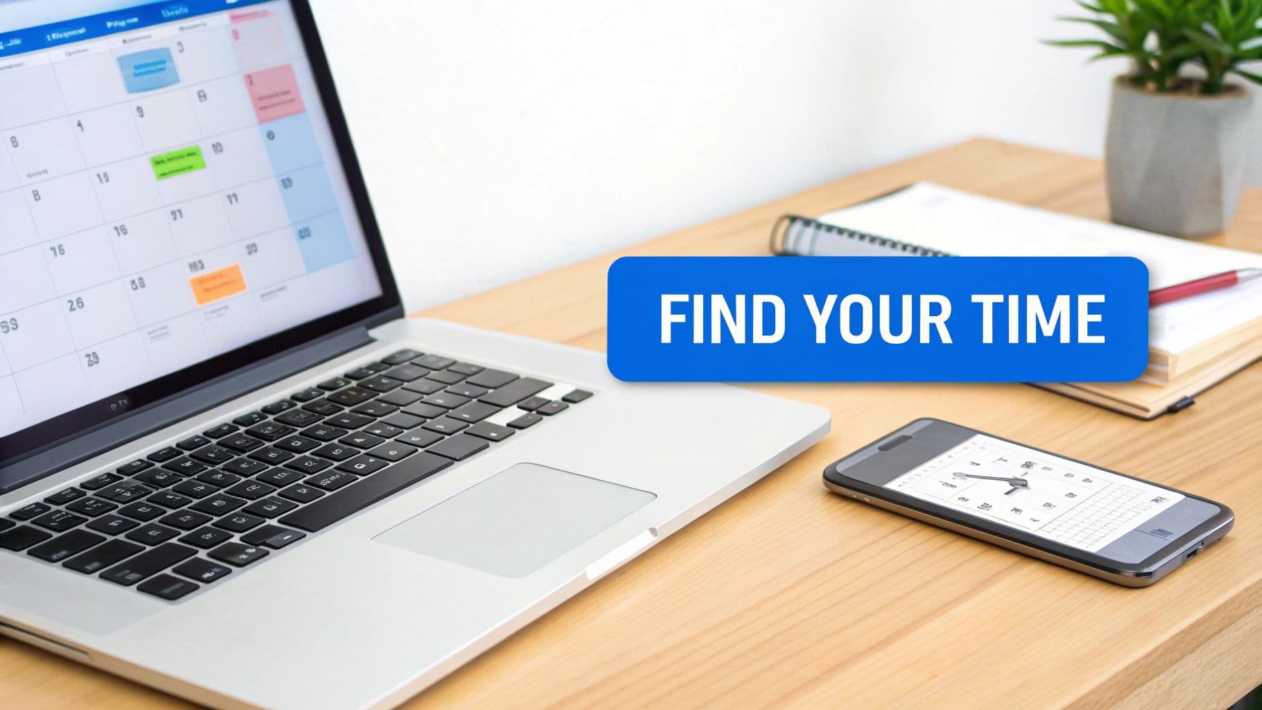 A laptop and smartphone on a wooden desk with a 'FIND YOUR TIME' banner, suggesting scheduling and time management.