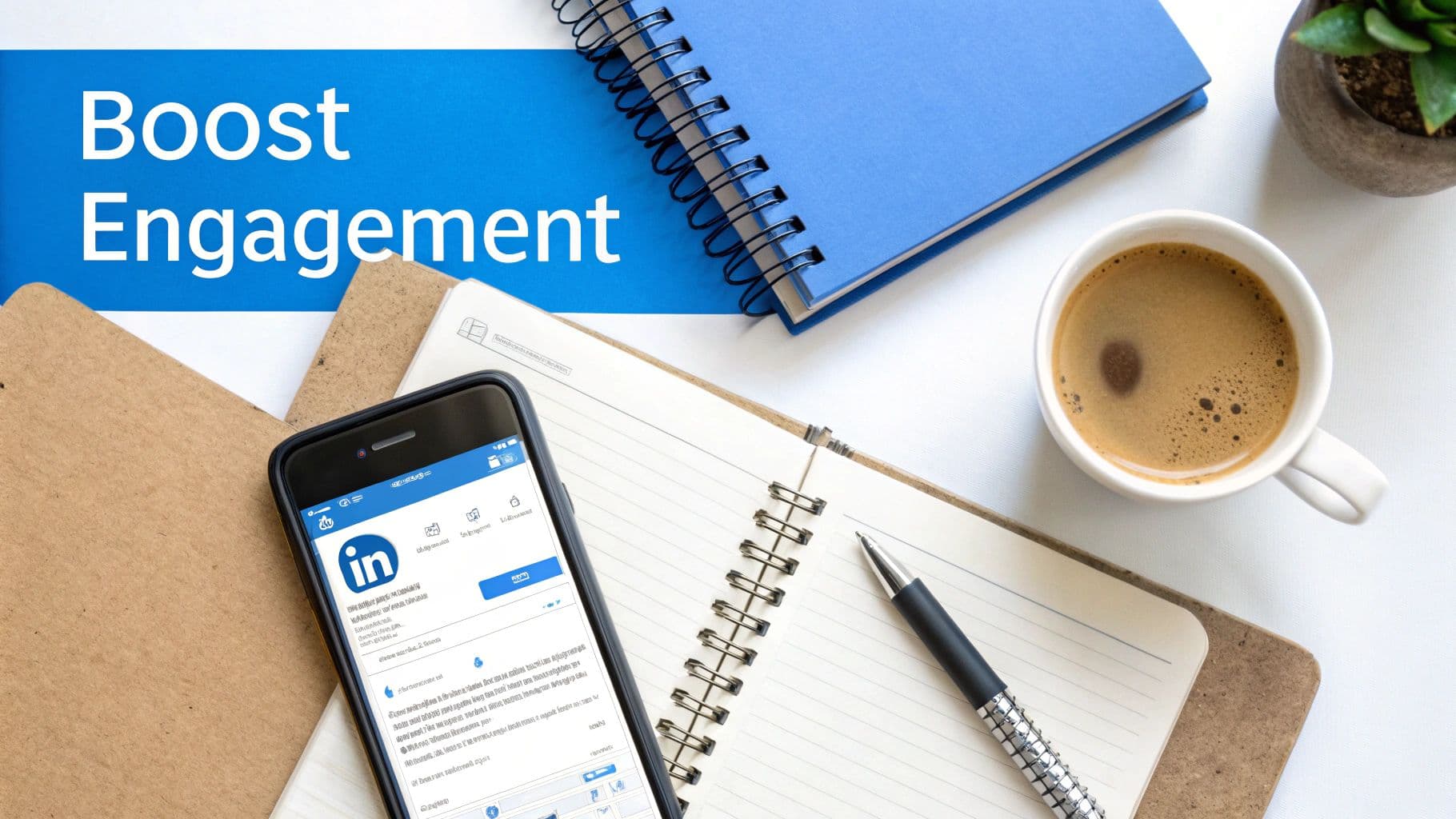 Overhead view of a workspace with a phone displaying LinkedIn, notebooks, coffee, and 'Boost Engagement' text.