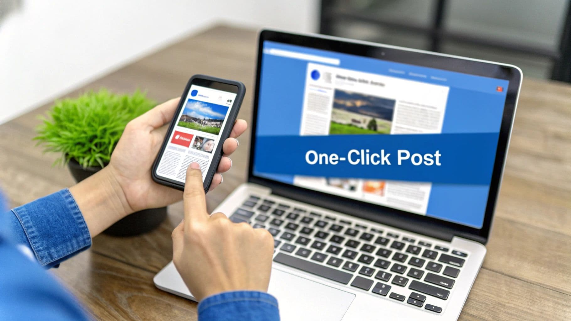 Person scrolls through a news feed on a smartphone while a laptop displays a 'One-Click Post' social media interface.