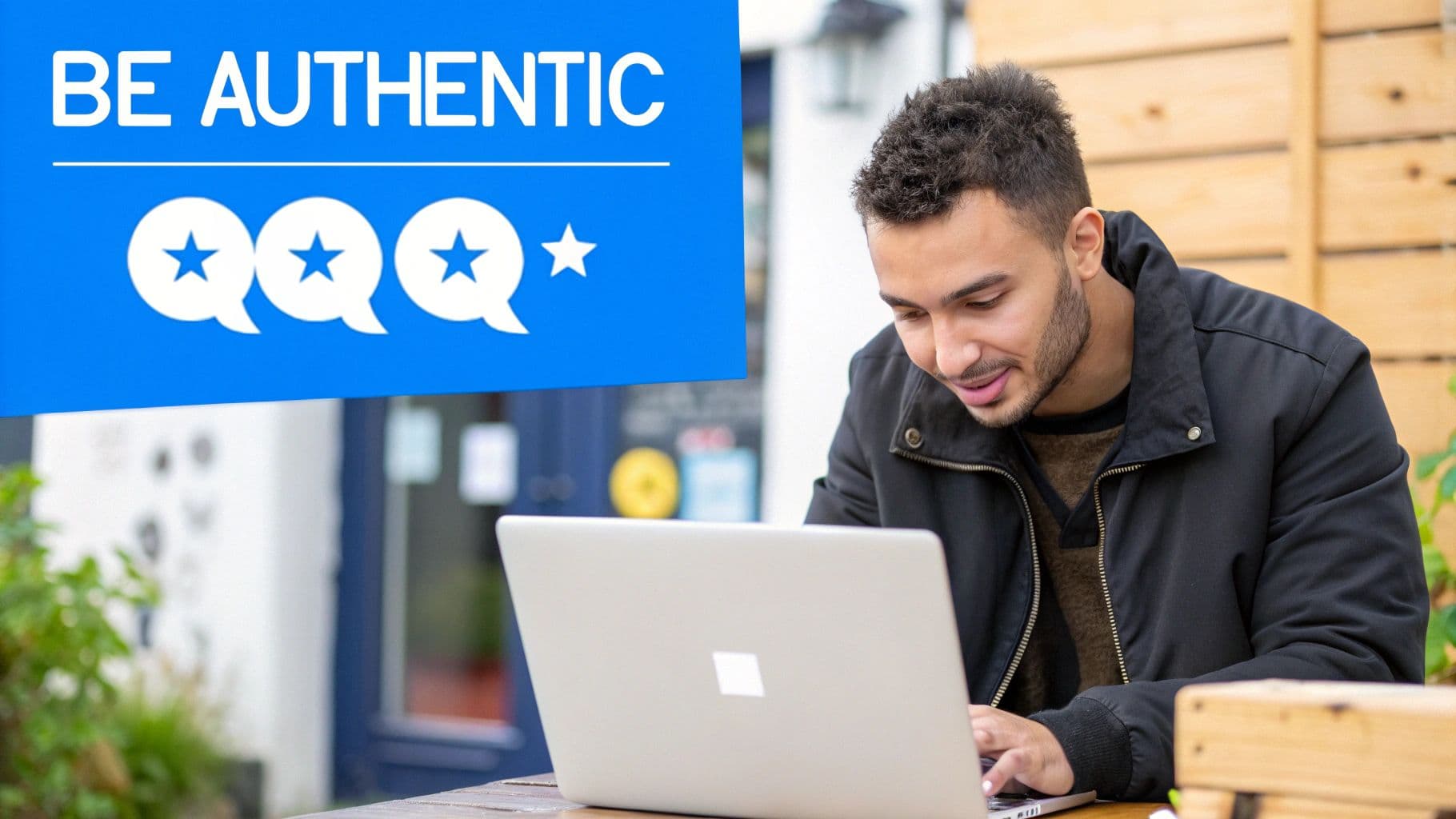 A man smiling and typing on a laptop with a 'BE AUTHENTIC' banner and star speech bubbles.