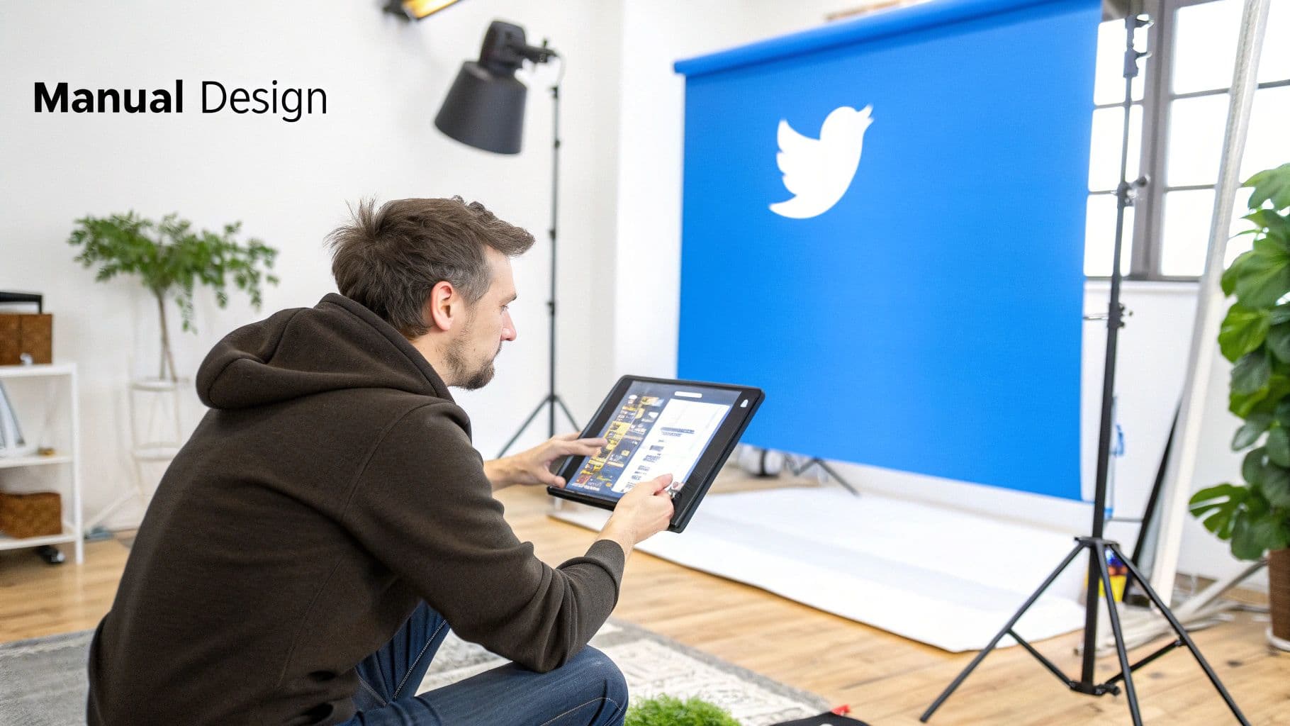A man using a tablet in a photo studio with a blue backdrop featuring the Twitter logo.