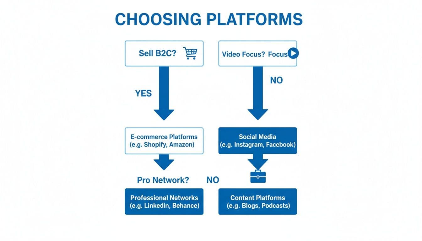 Flowchart illustrating the decision process for choosing marketing and social media platforms based on business needs.
