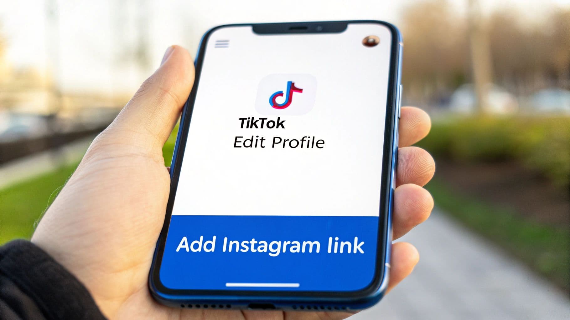 A person's hand holds a smartphone displaying the TikTok app's 'Add Instagram link' button.