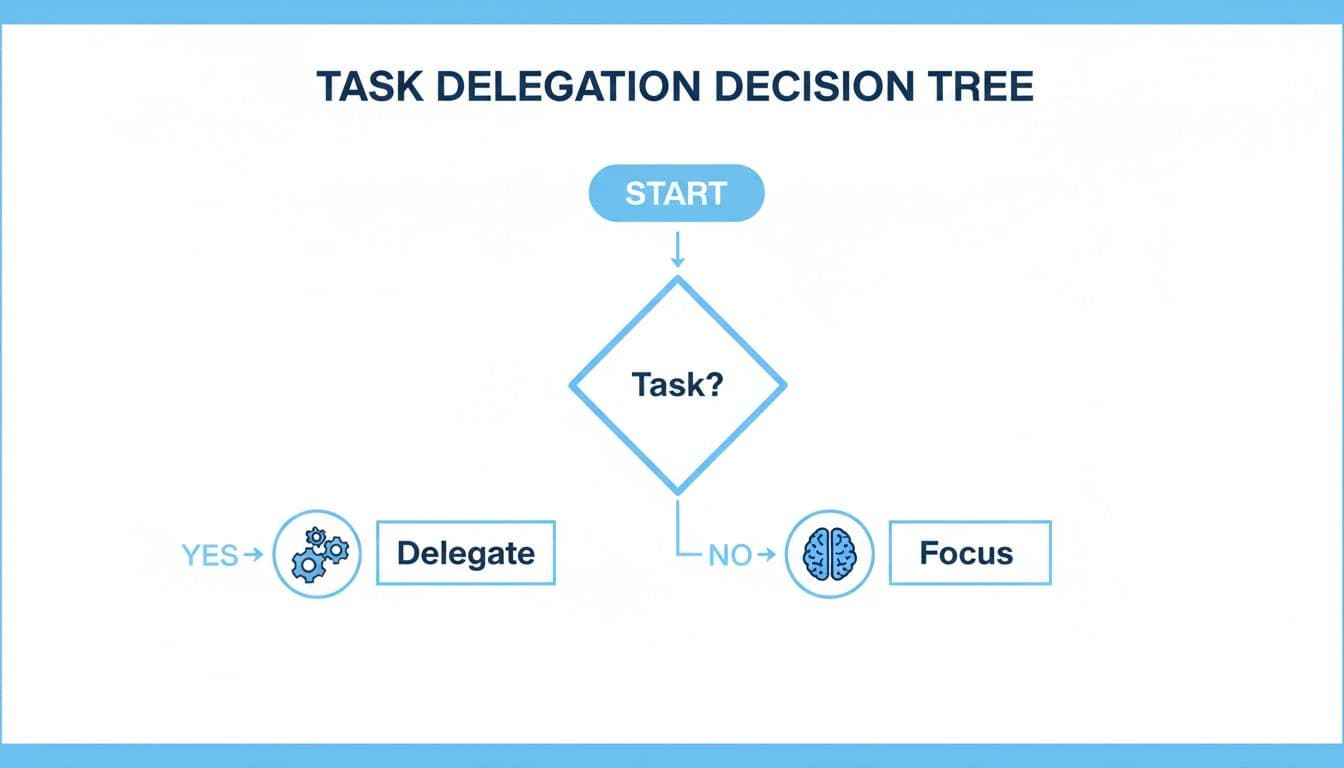 A flowchart illustrating a task delegation decision tree, guiding users to delegate tasks or focus.